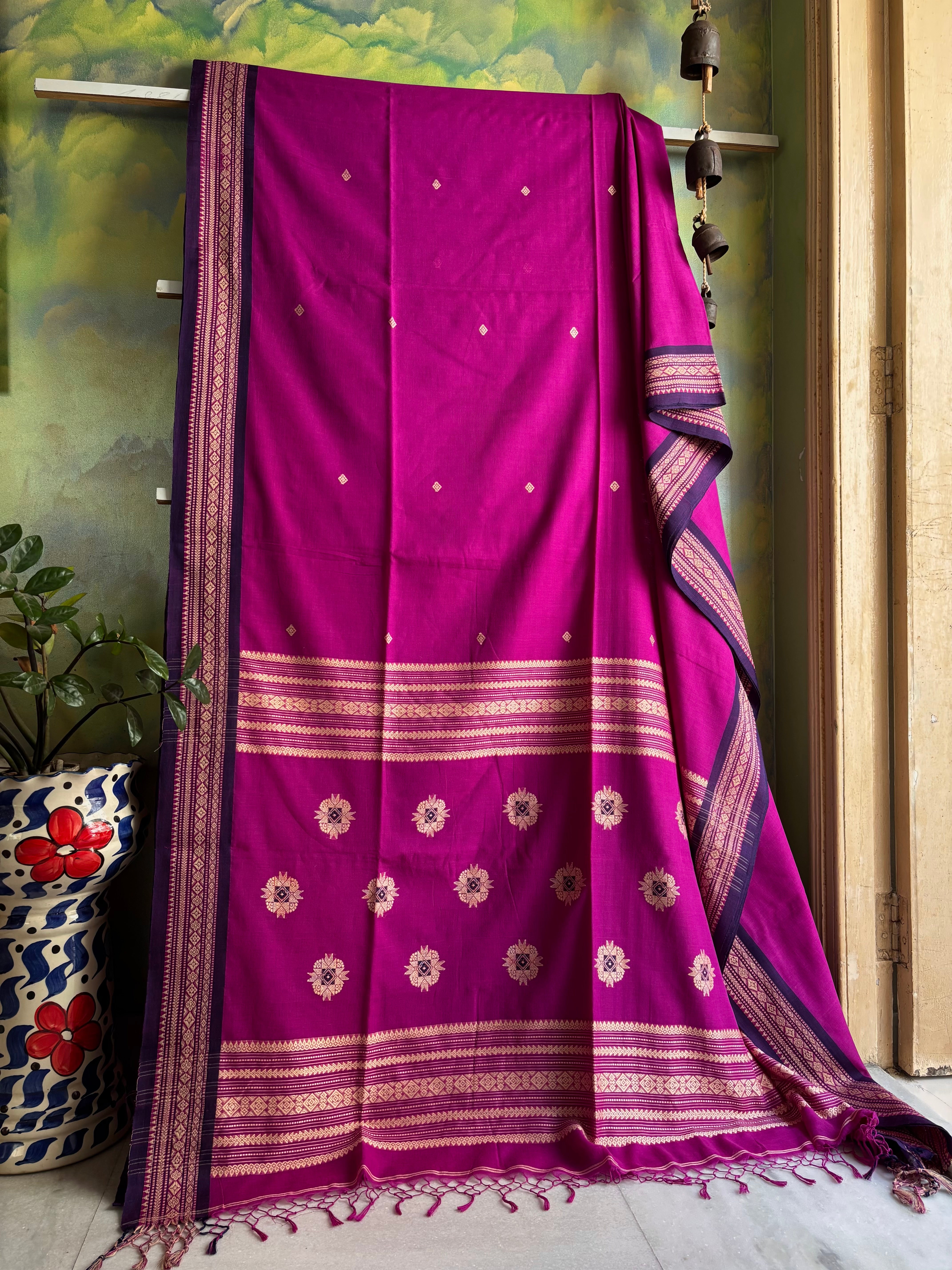 Handwoven Magenta Navy Phulia Cotton Saree