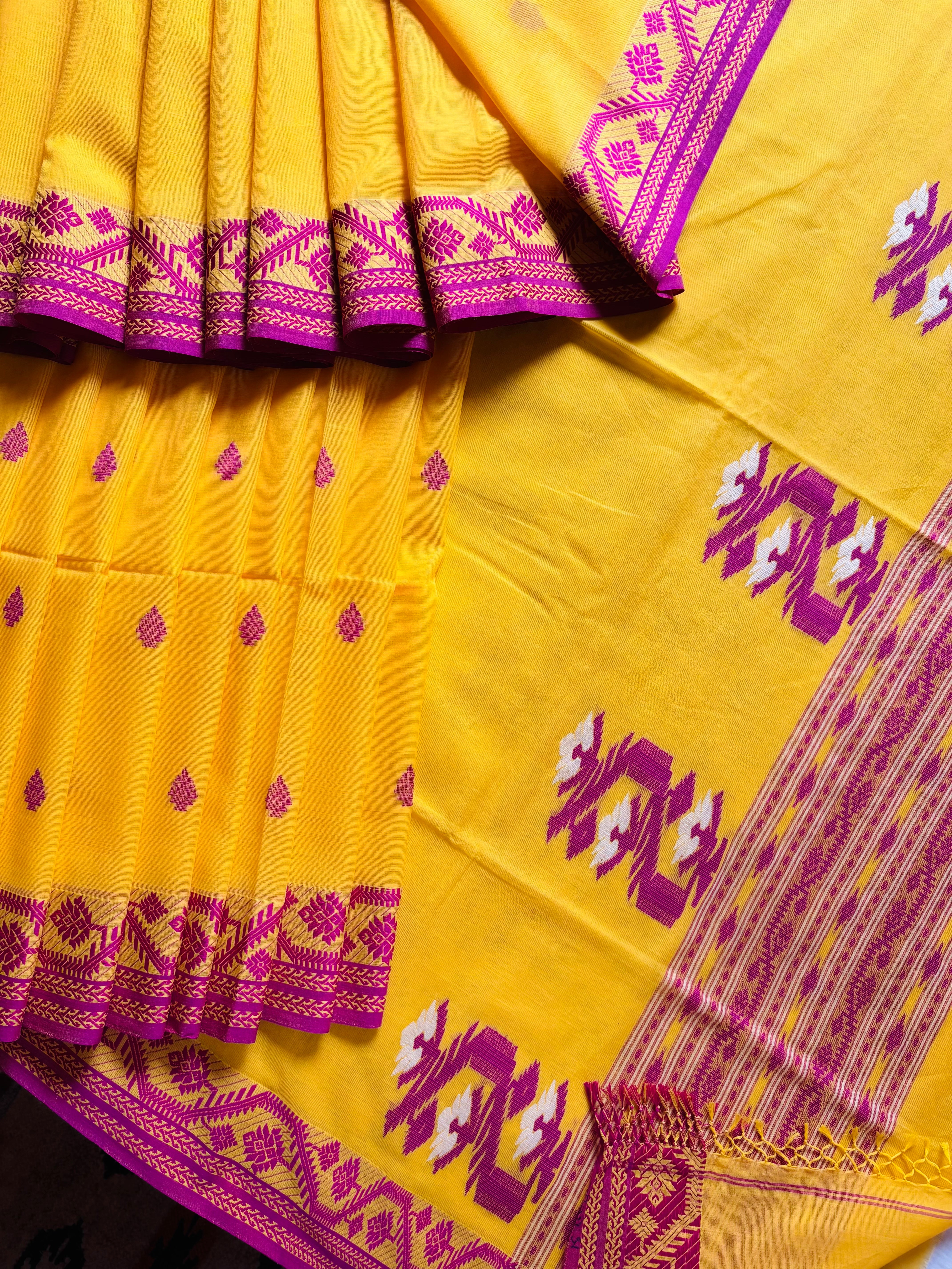 Handwoven Yellow Rani Phulia Cotton Saree