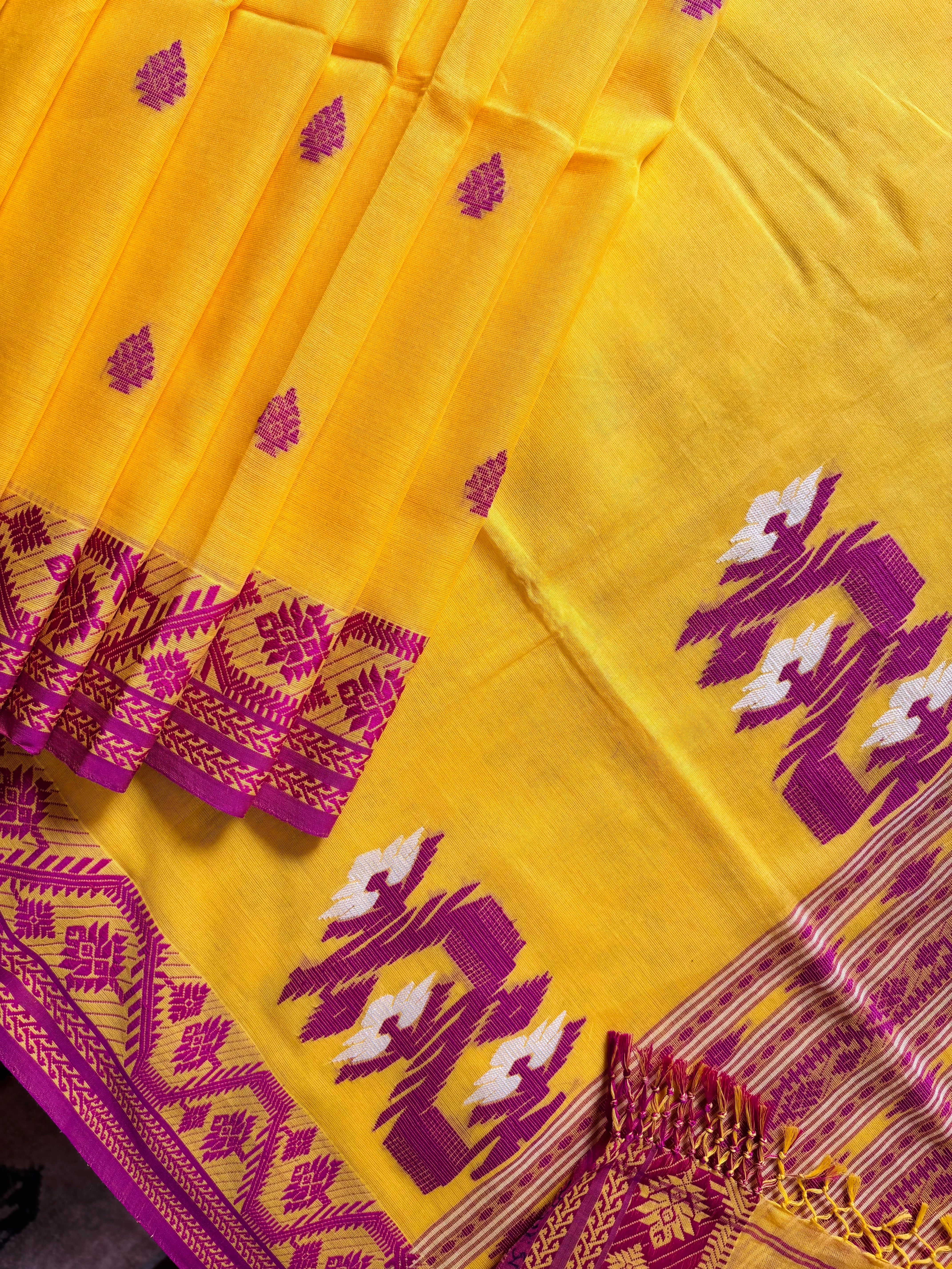 Handwoven Yellow Rani Phulia Cotton Saree