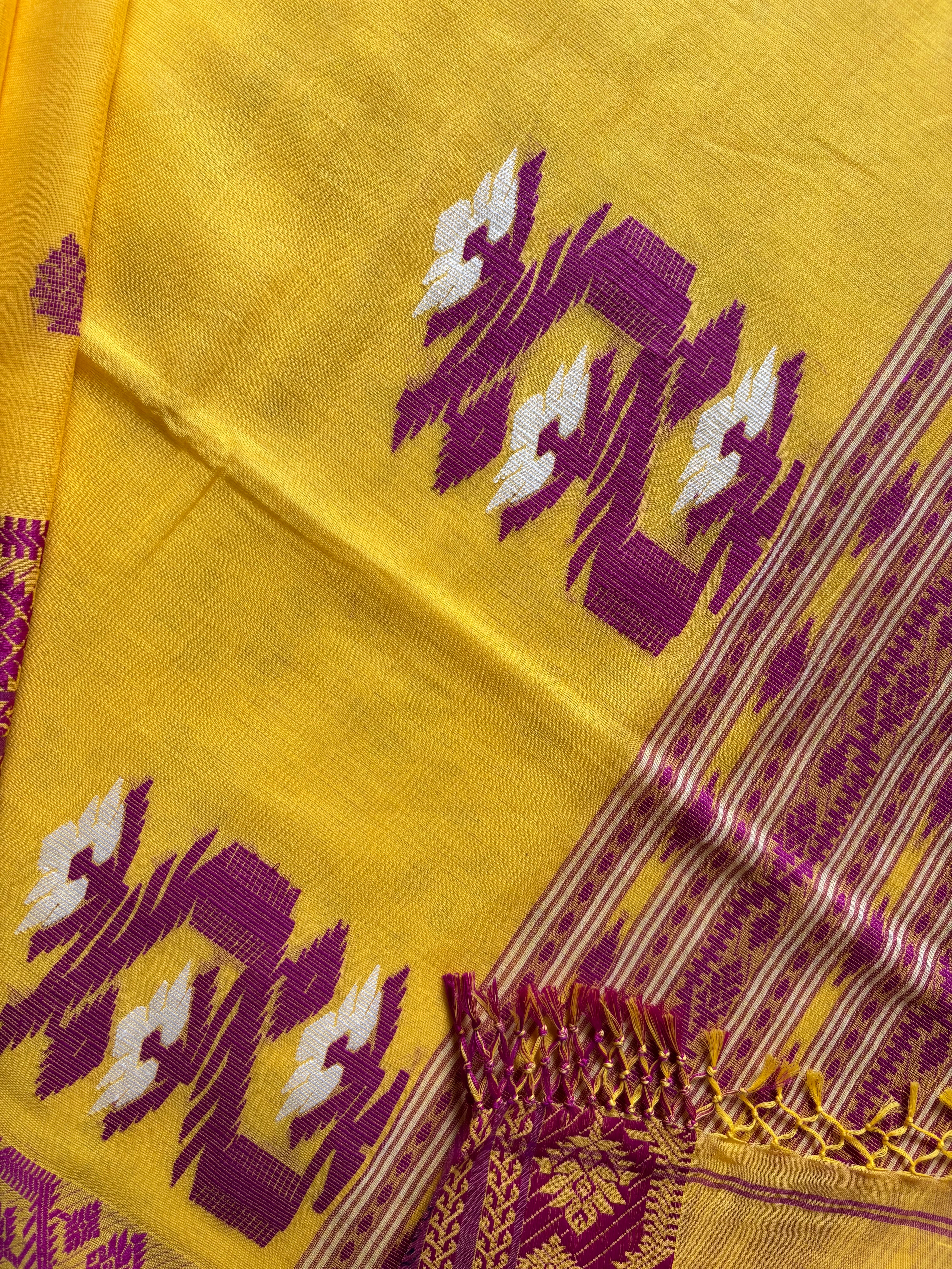 Handwoven Yellow Rani Phulia Cotton Saree