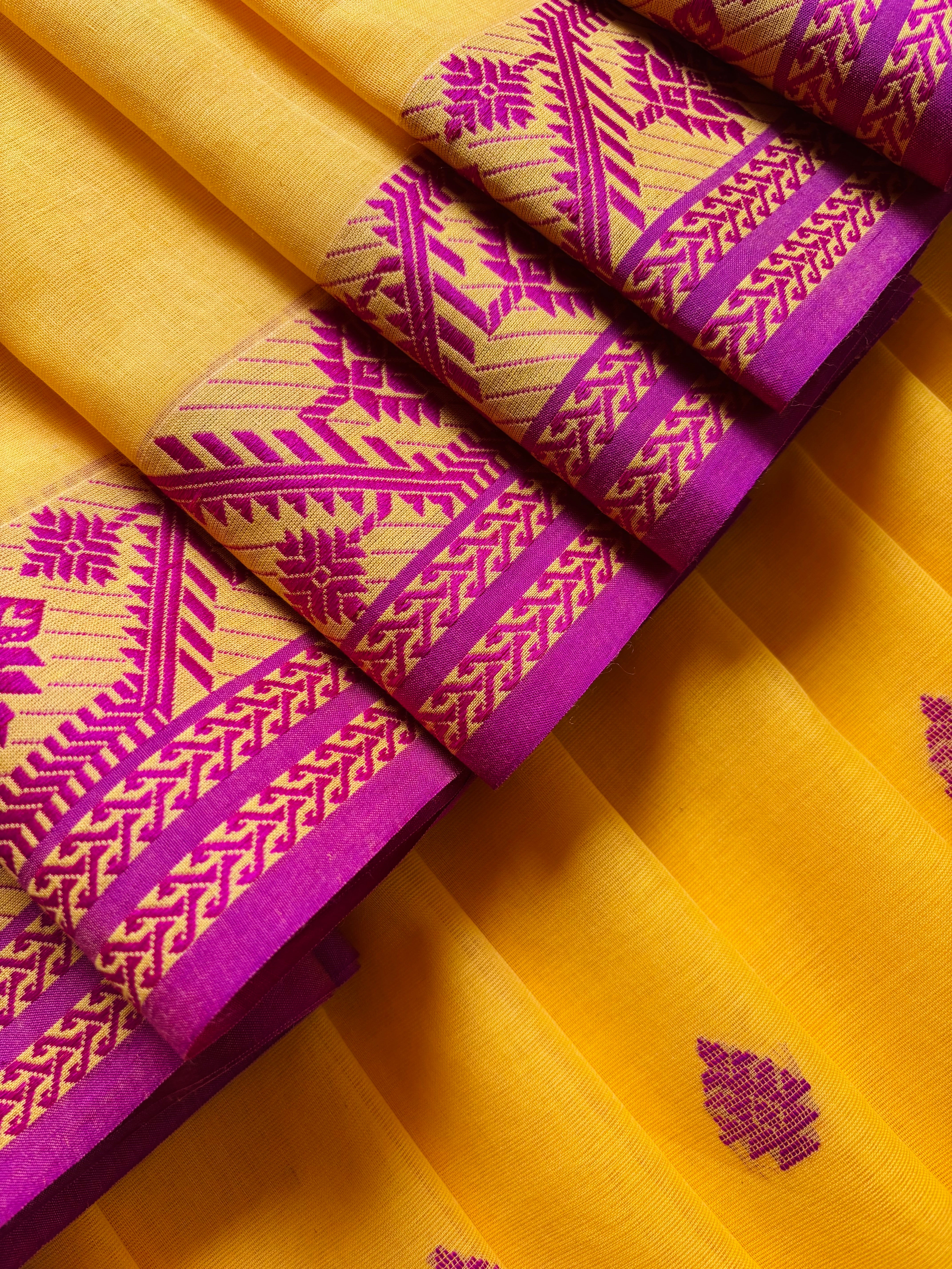Handwoven Yellow Rani Phulia Cotton Saree