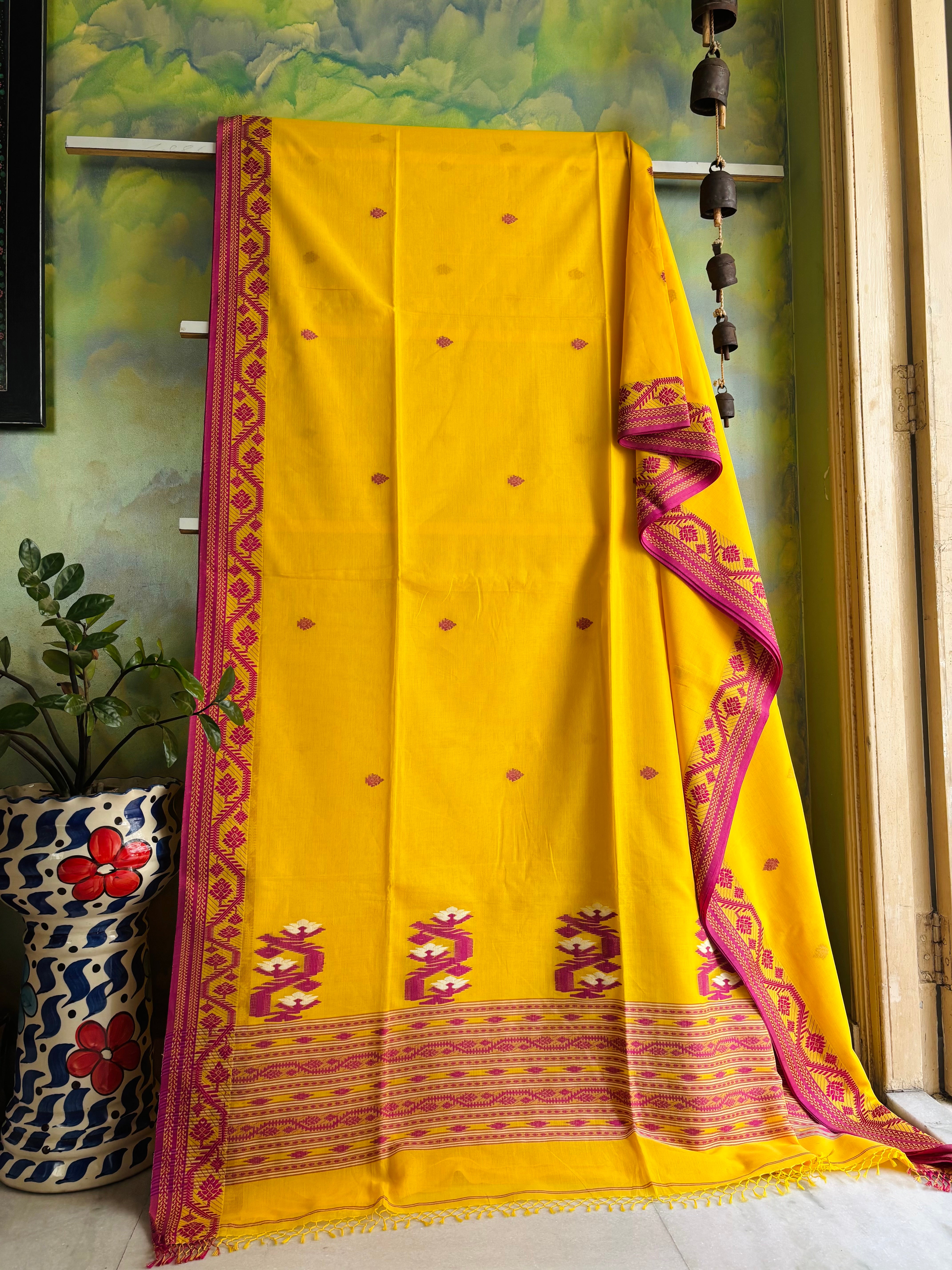 Handwoven Yellow Rani Phulia Cotton Saree