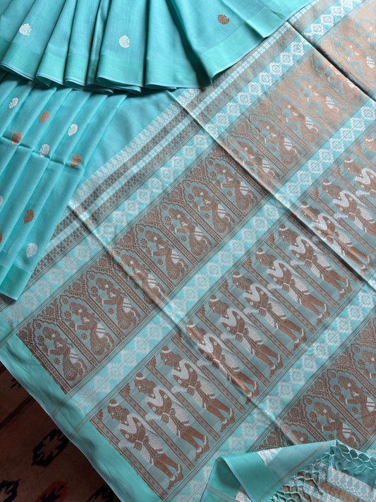 Handwoven Light Firozi Blue Colour Cotton Baluchari Saree