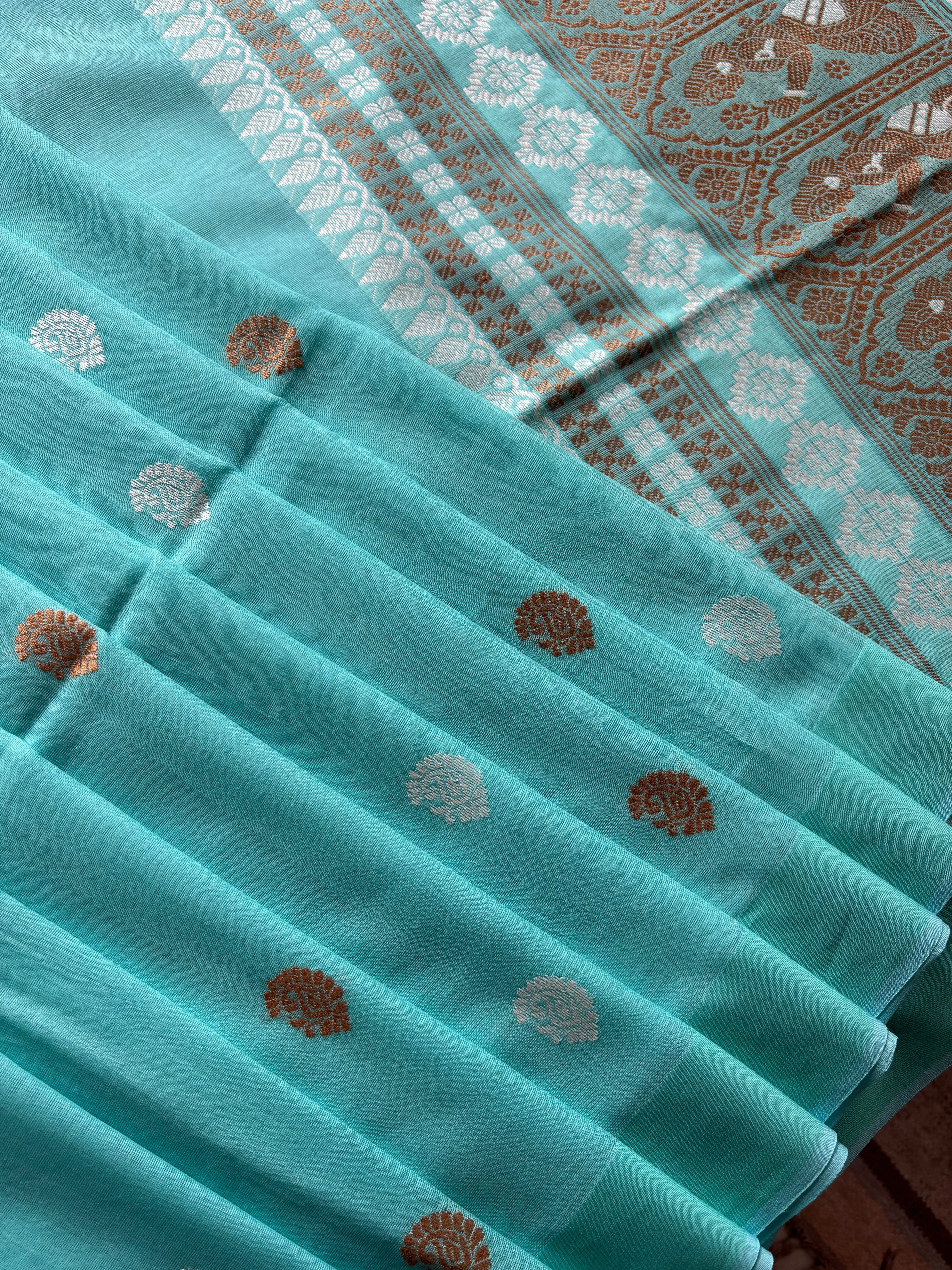 Handwoven Light Firozi Blue Colour Cotton Baluchari Saree