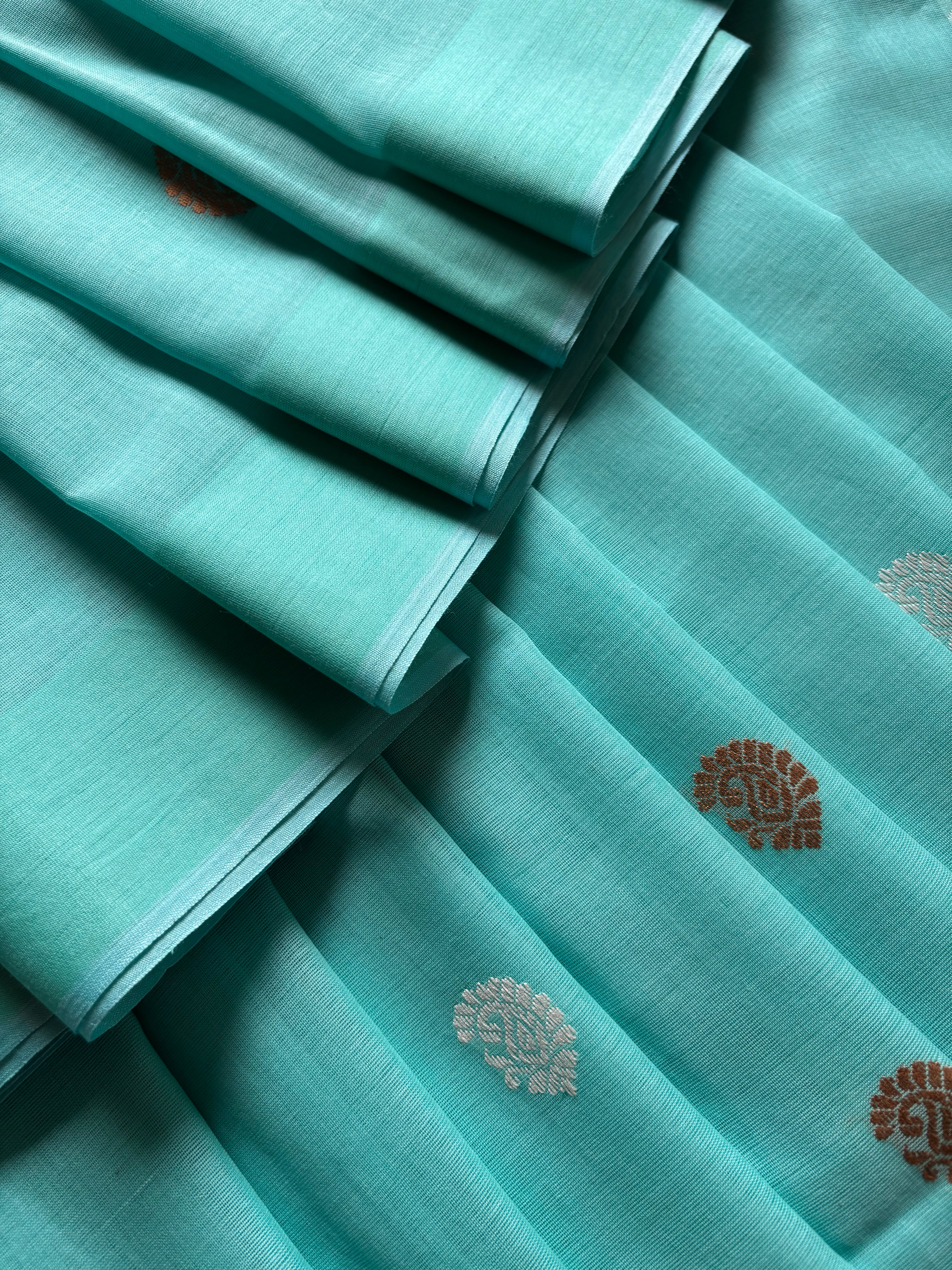 Handwoven Light Firozi Blue Colour Cotton Baluchari Saree