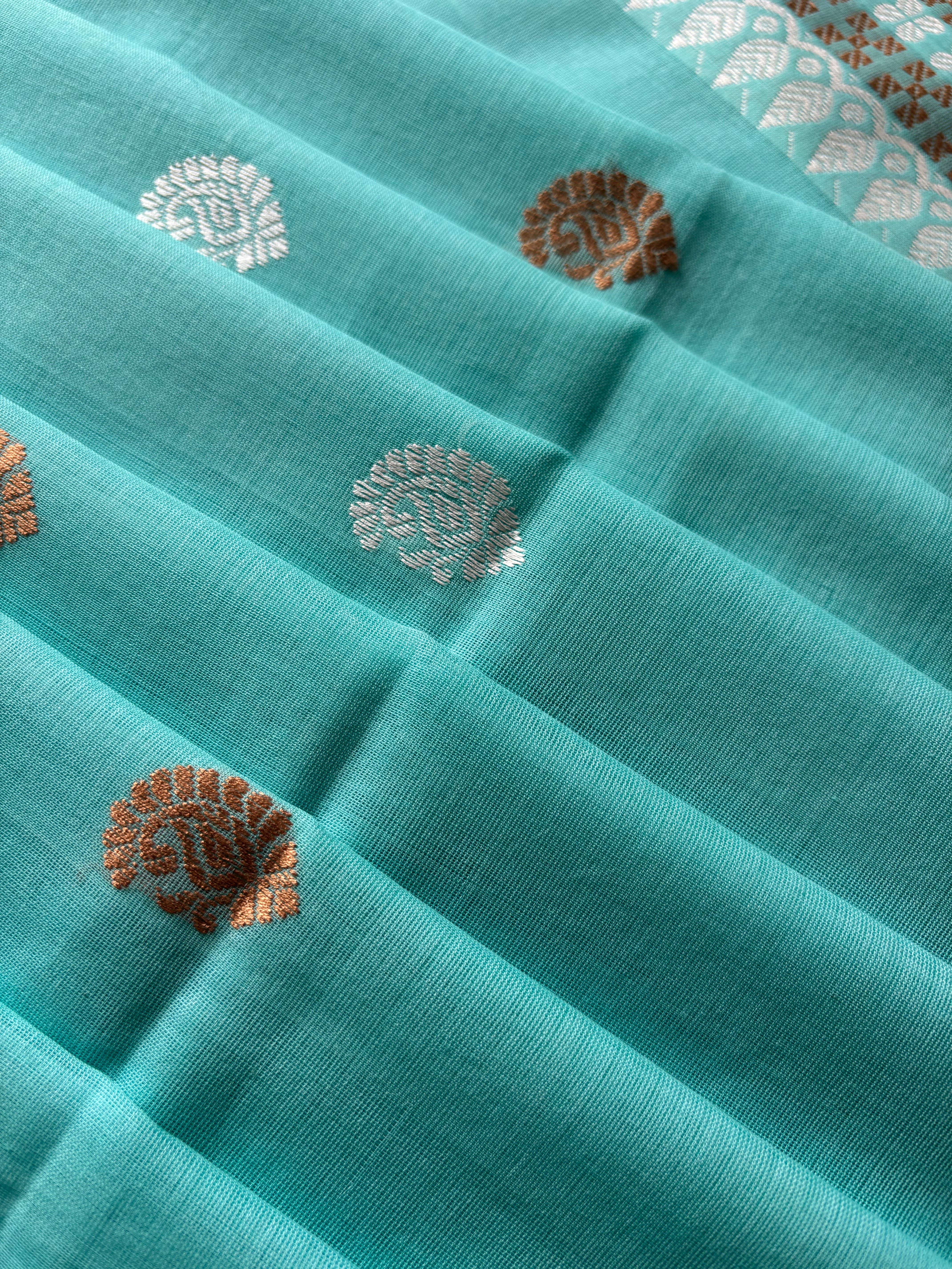 Handwoven Light Firozi Blue Colour Cotton Baluchari Saree