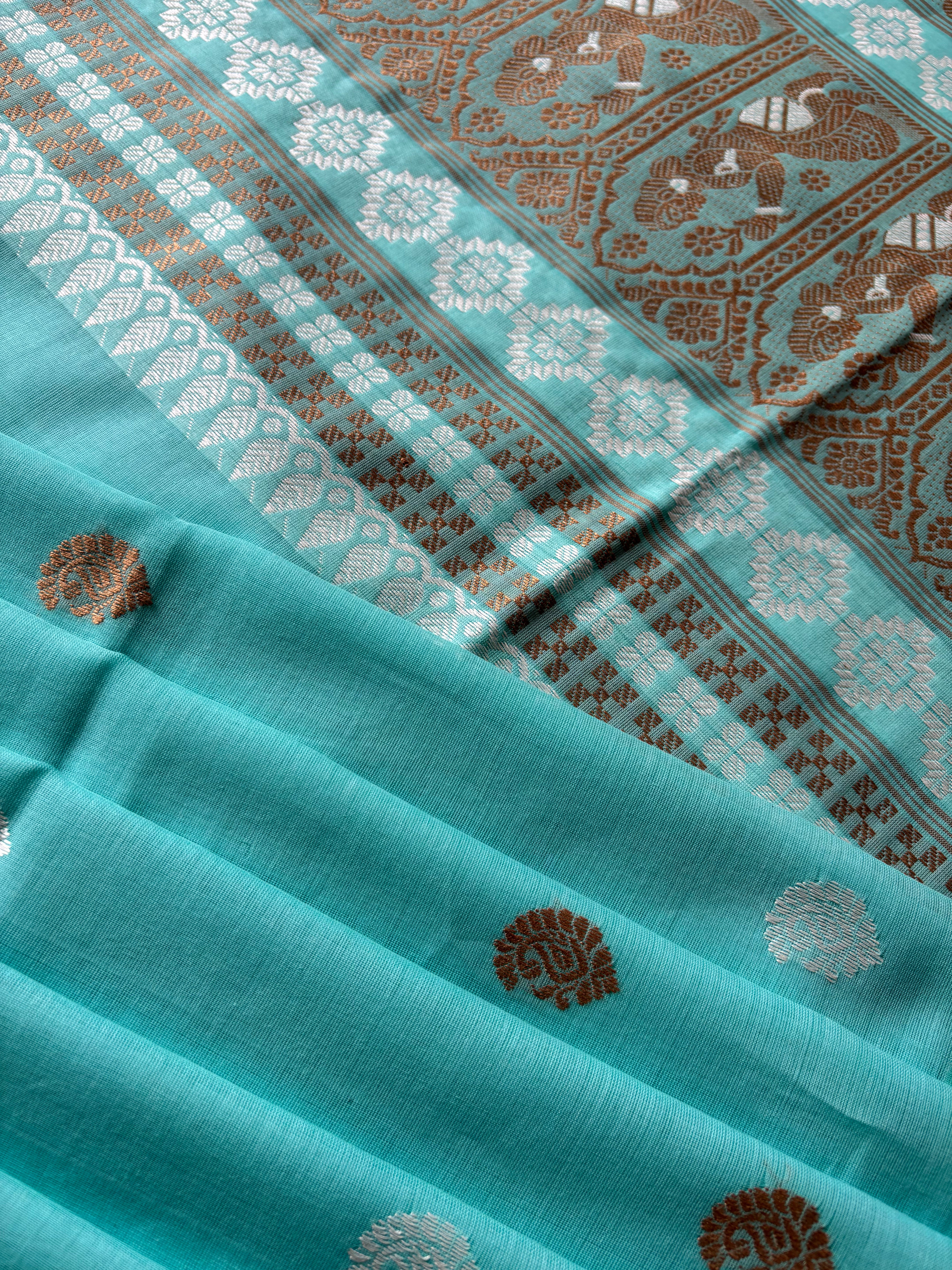 Handwoven Light Firozi Blue Colour Cotton Baluchari Saree