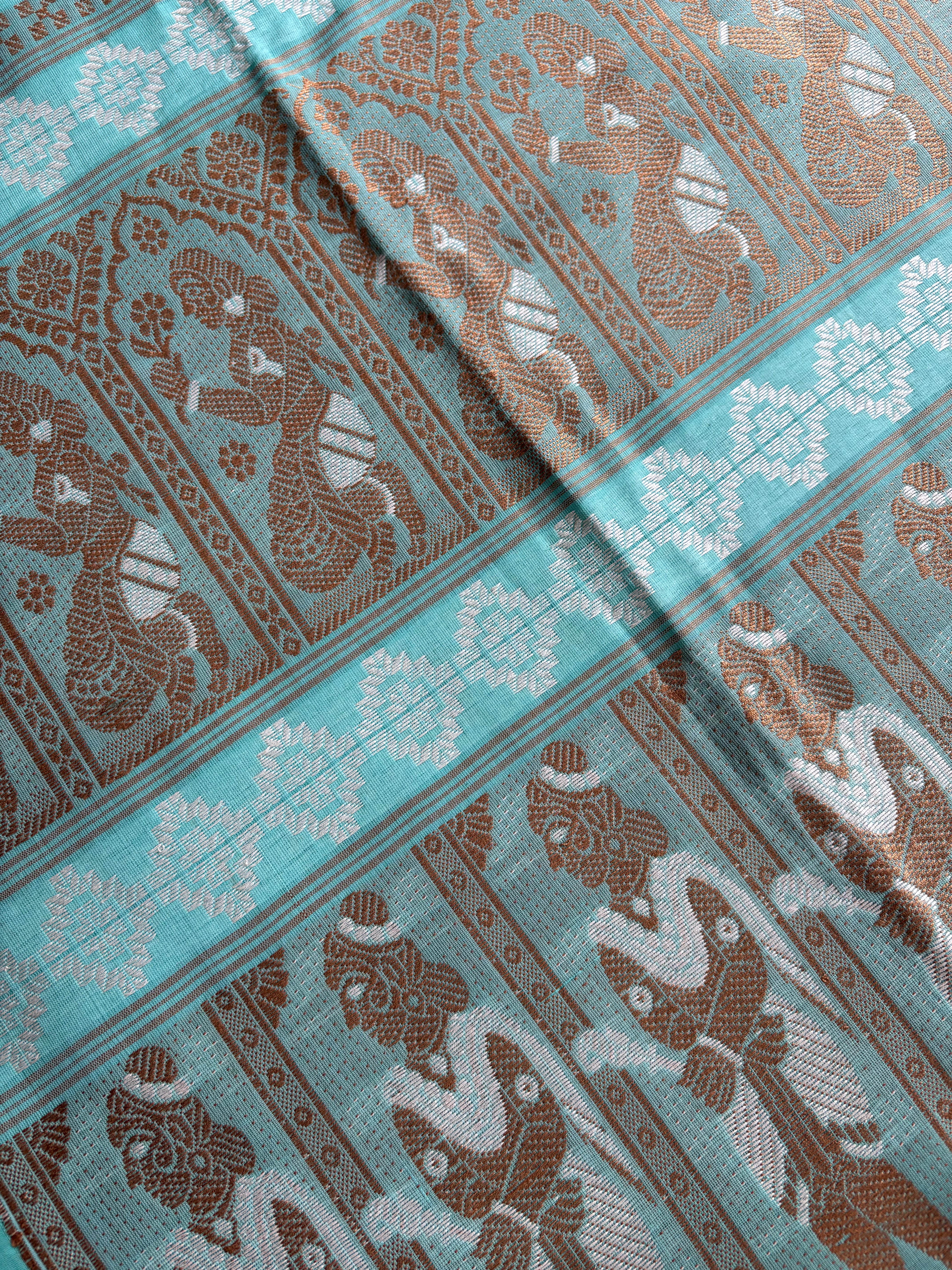 Handwoven Light Firozi Blue Colour Cotton Baluchari Saree