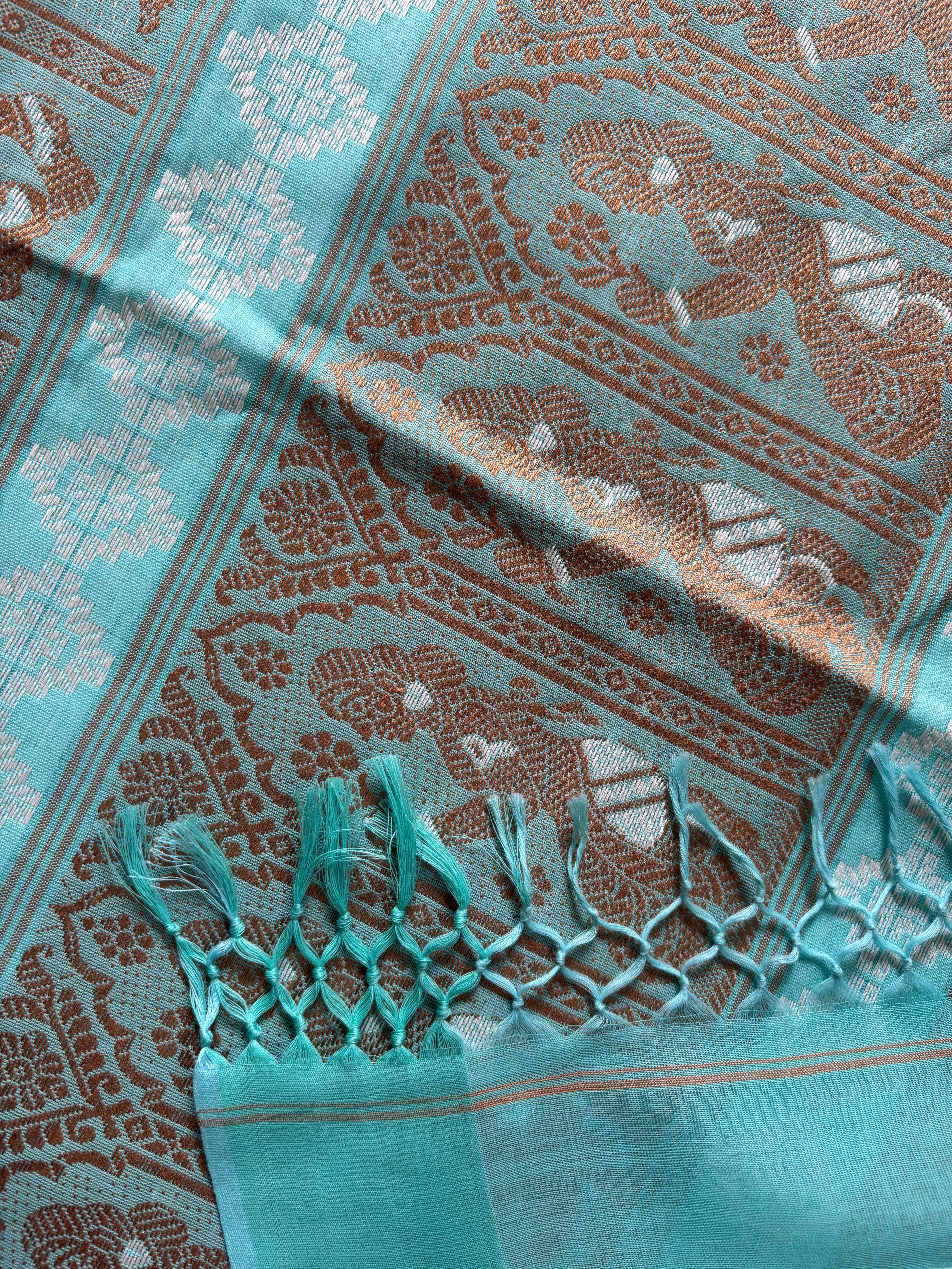 Handwoven Light Firozi Blue Colour Cotton Baluchari Saree