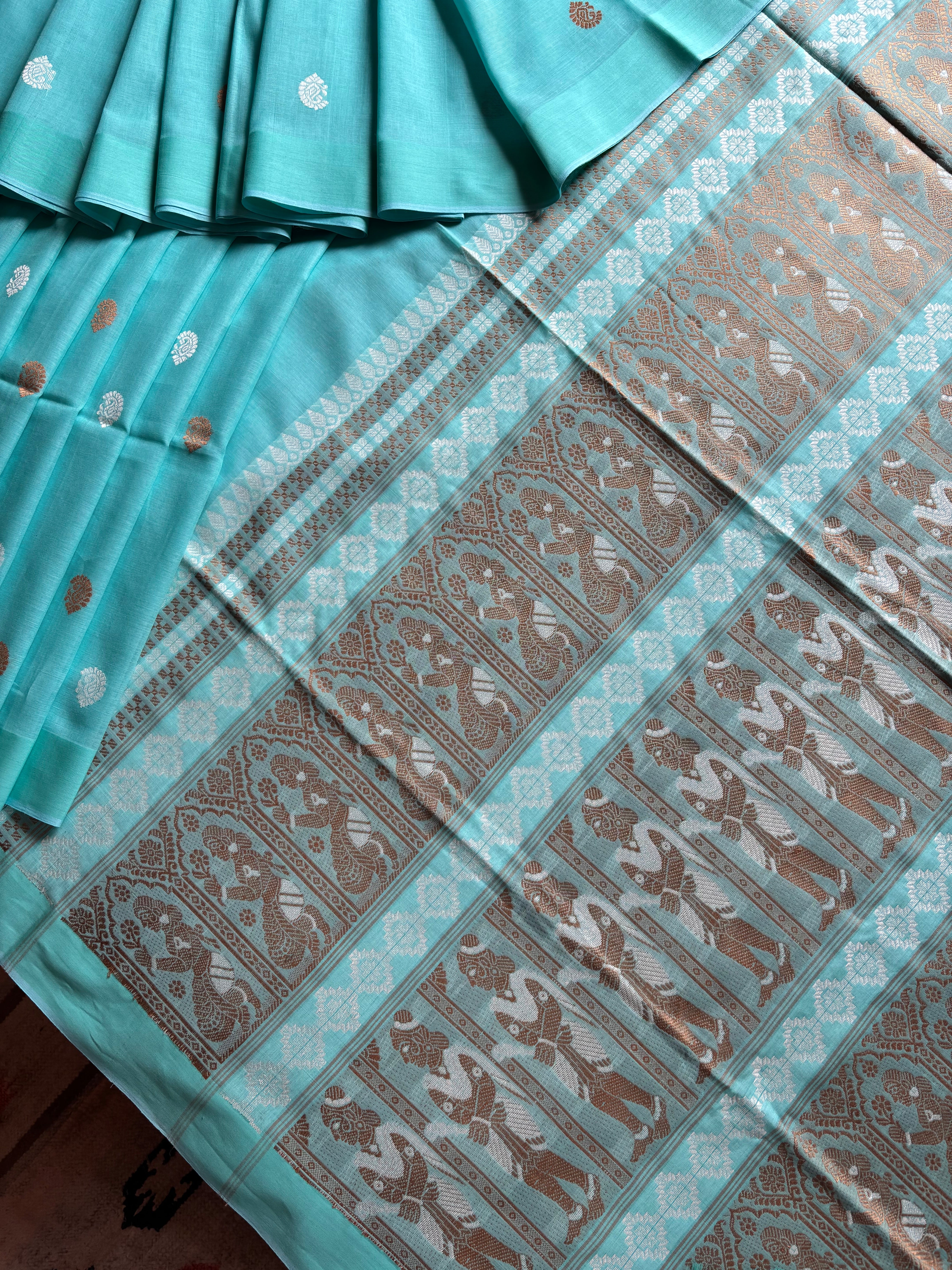 Handwoven Light Firozi Blue Colour Cotton Baluchari Saree