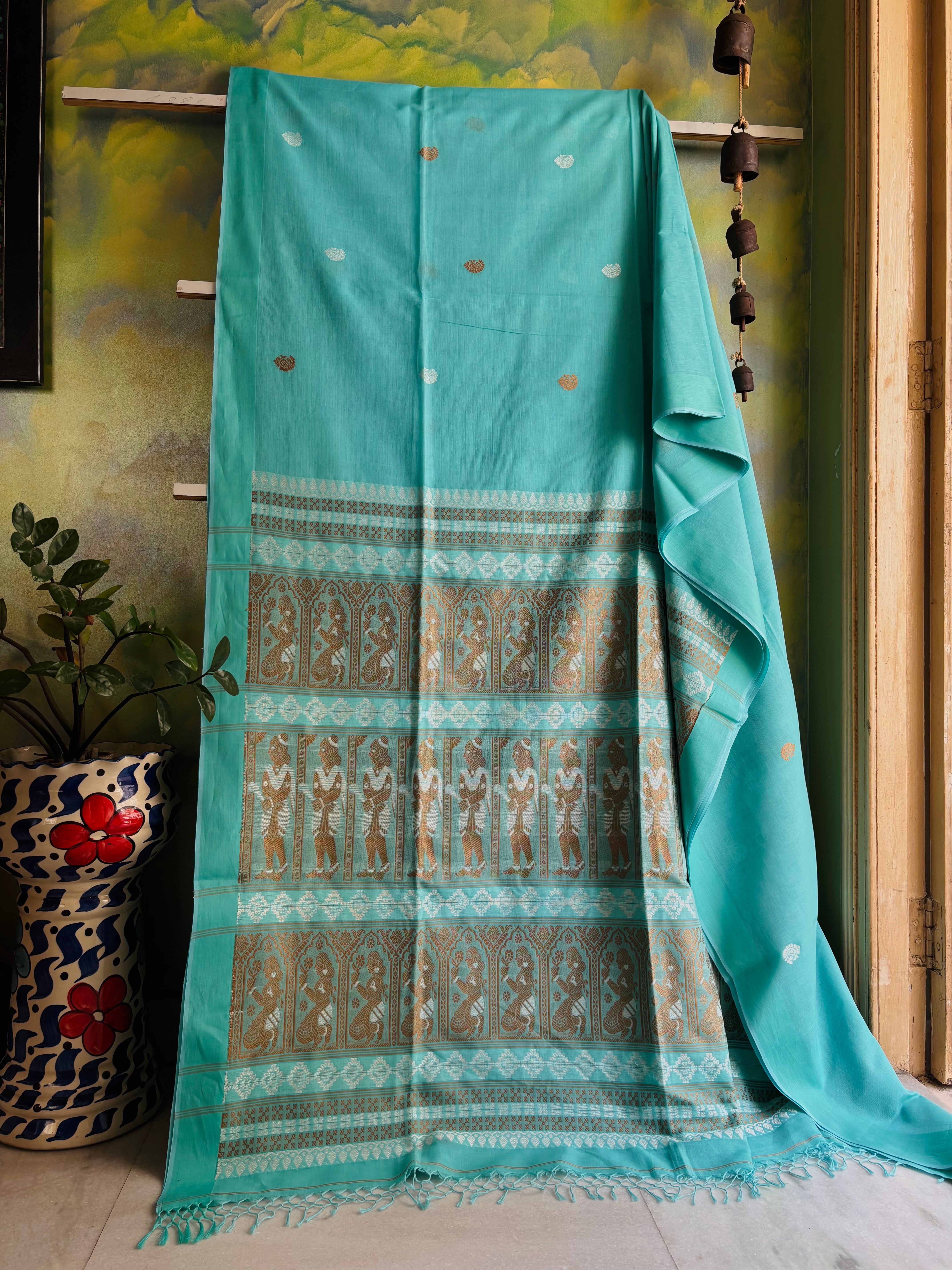 Handwoven Light Firozi Blue Colour Cotton Baluchari Saree