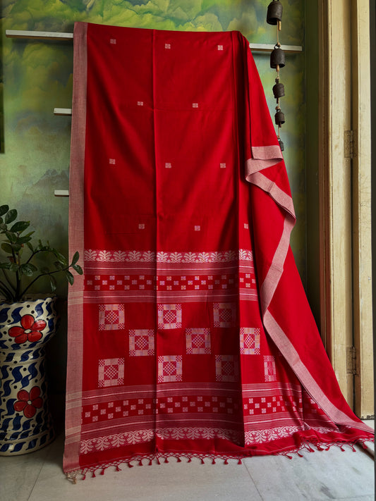 Handwoven Red White Phulia Cotton Saree