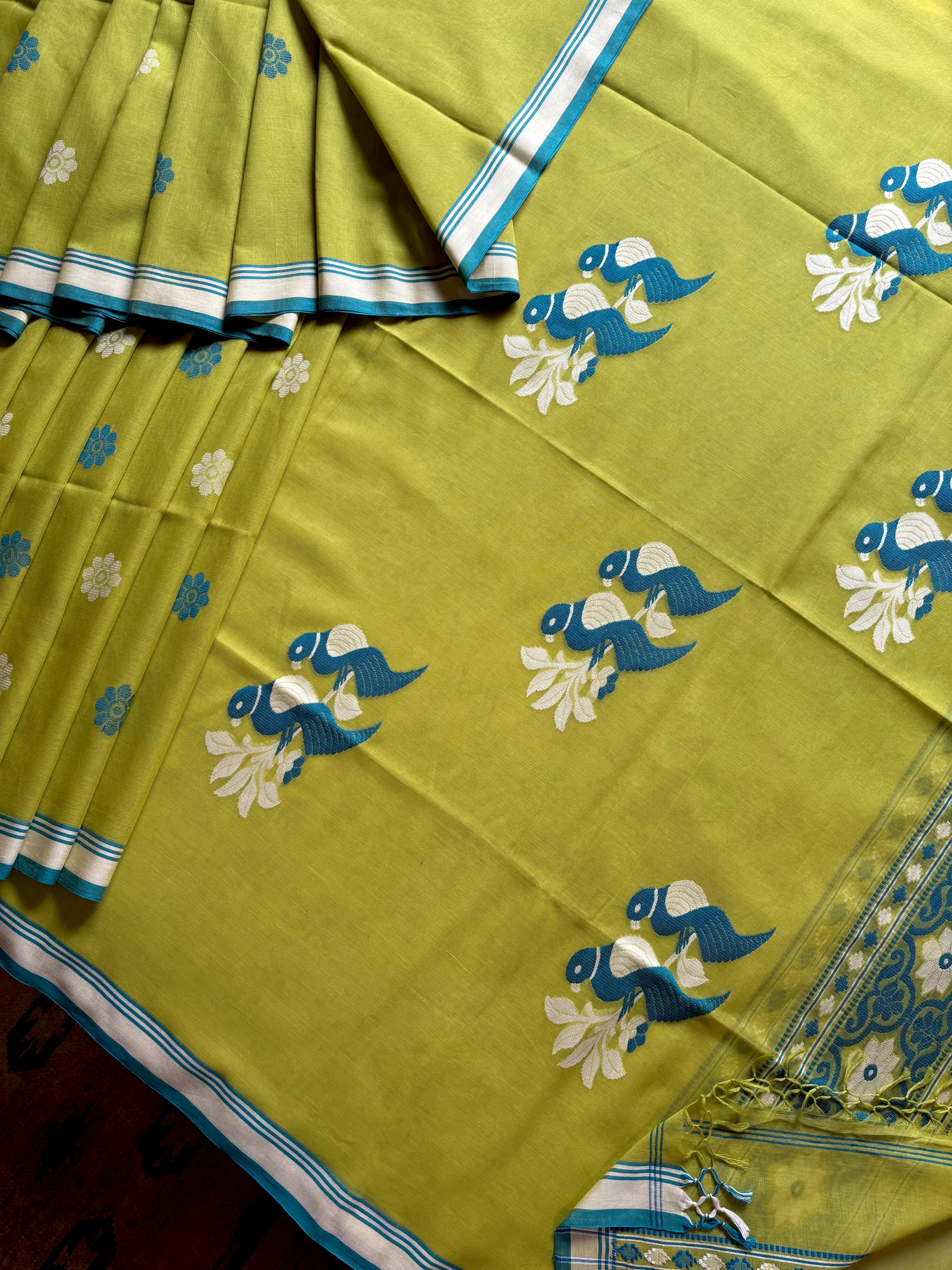 Handwoven Lime Green Colour Cotton Jamdani Saree