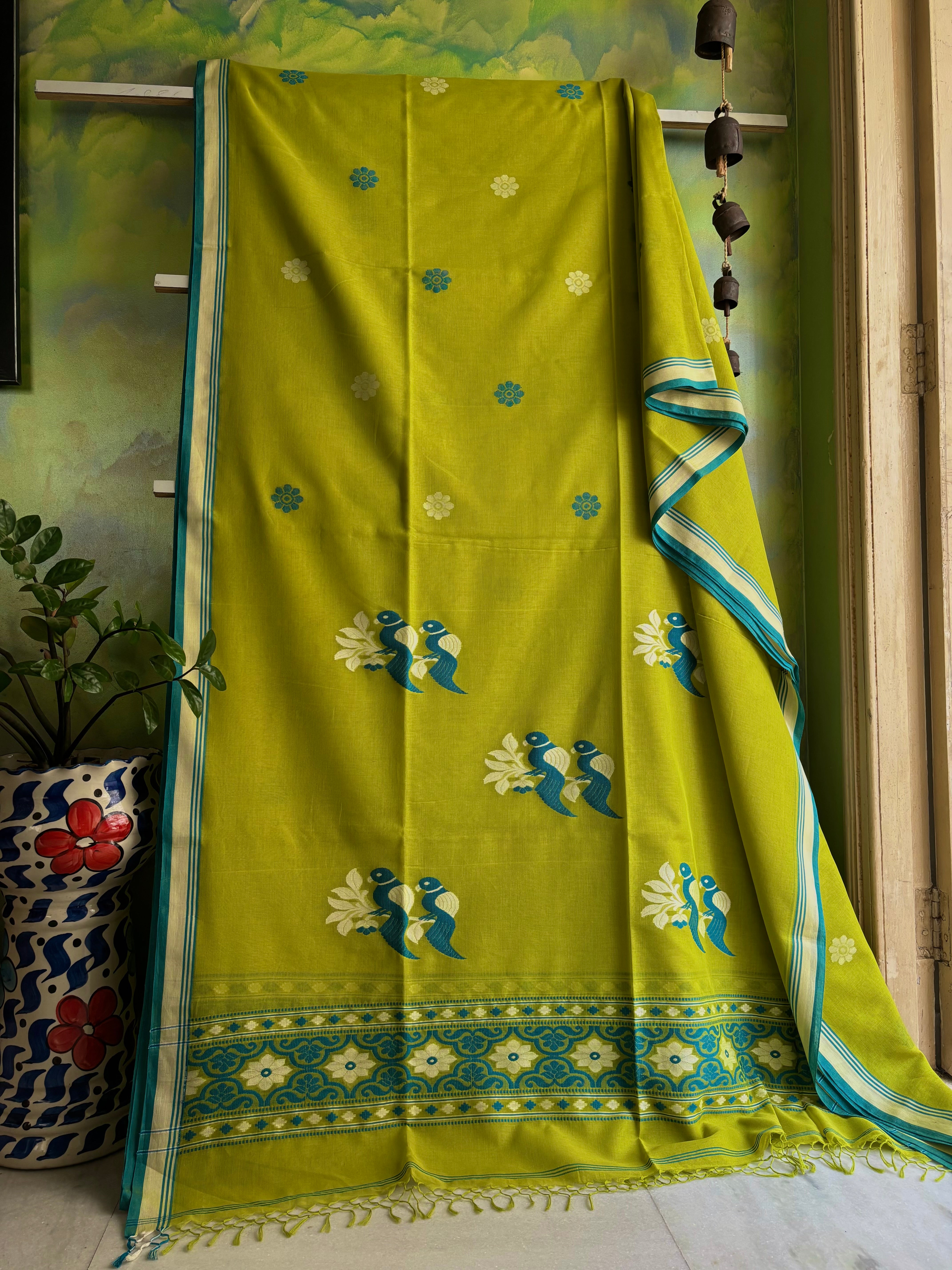 Handwoven Lime Green Colour Cotton Jamdani Saree
