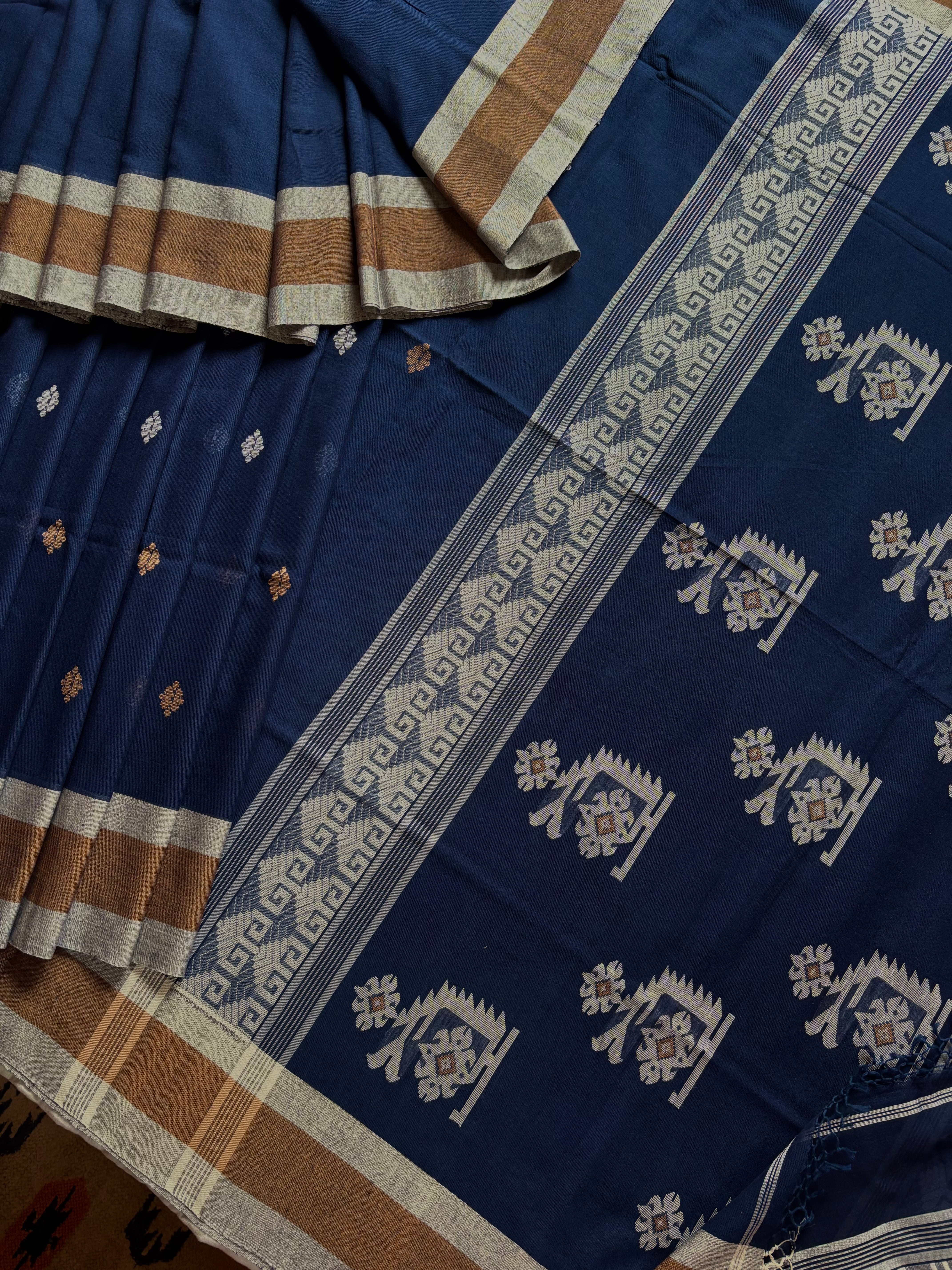 Handwoven Navy Blue Colour Cotton Jamdani Saree