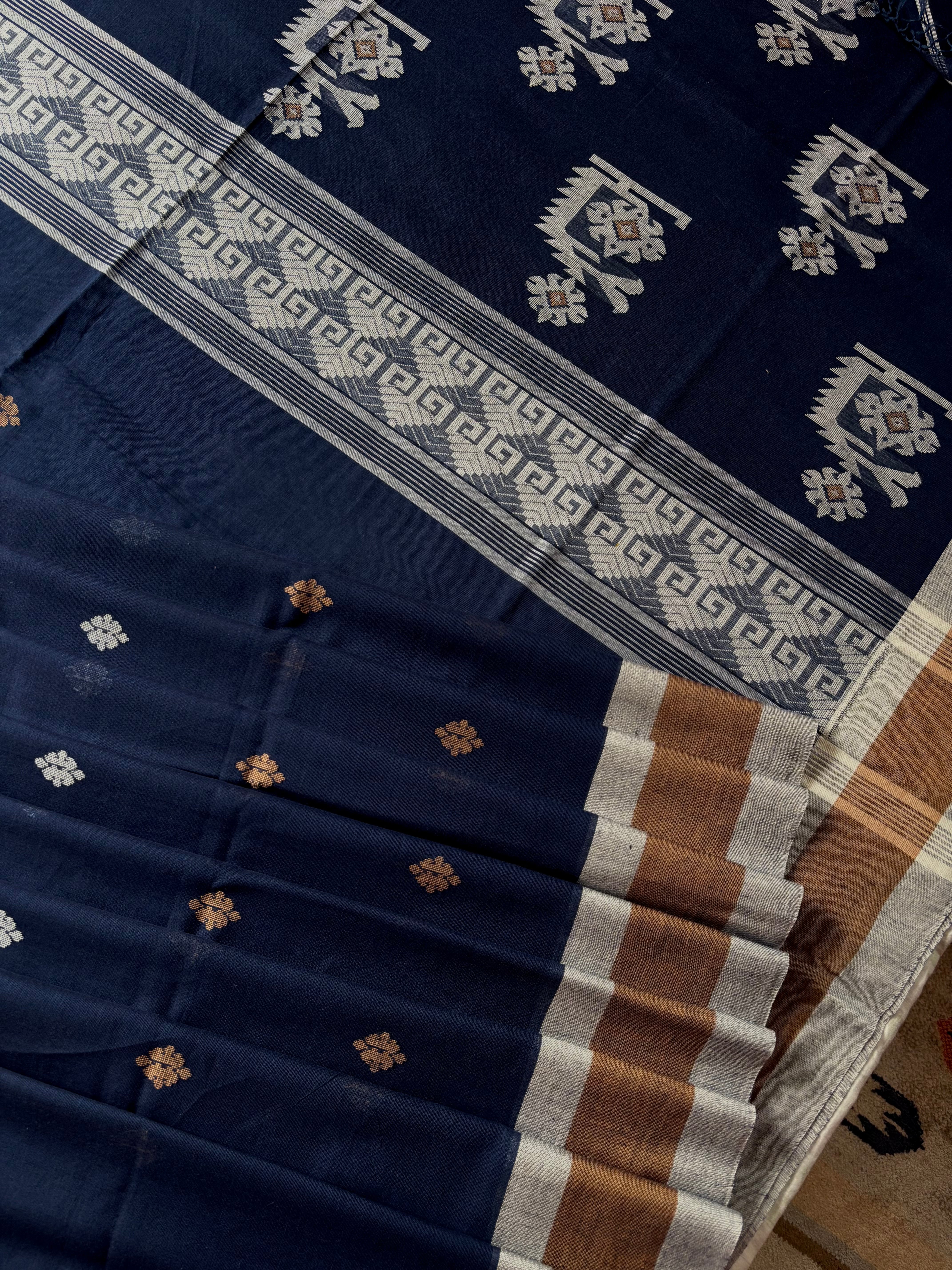 Handwoven Navy Blue Colour Cotton Jamdani Saree