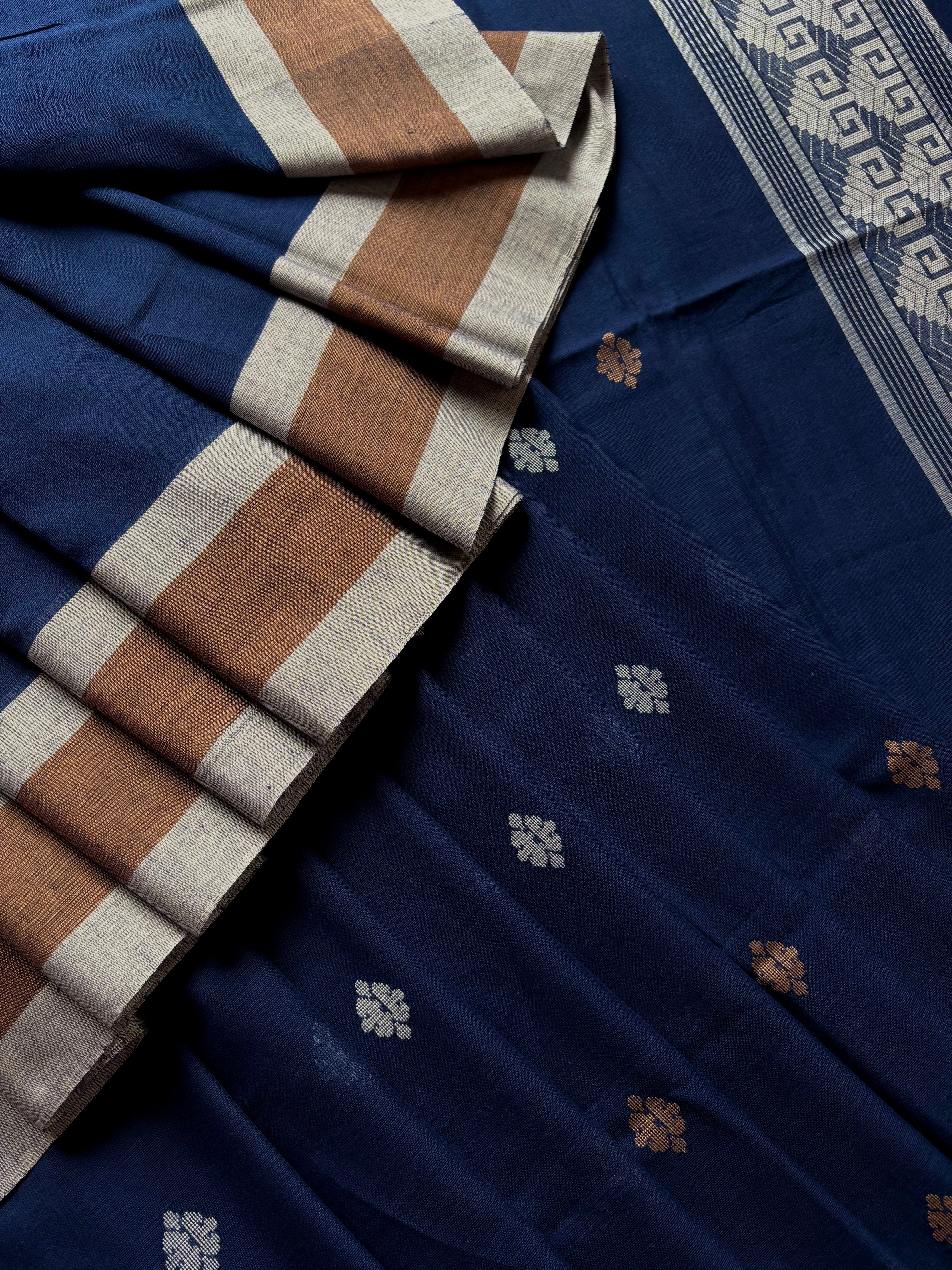 Handwoven Navy Blue Colour Cotton Jamdani Saree