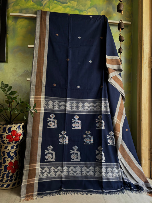 Handwoven Navy Blue Colour Cotton Jamdani Saree