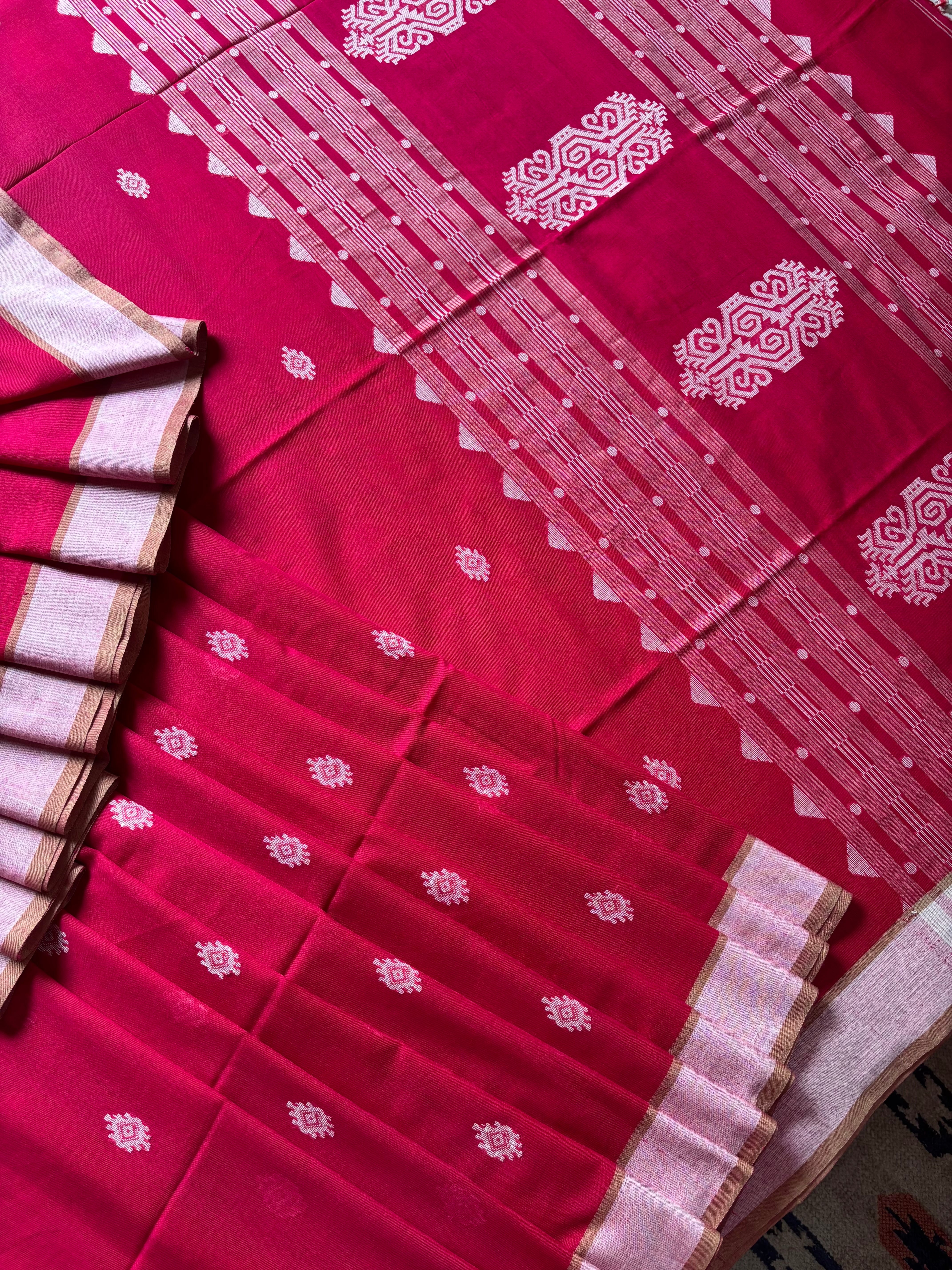 Handwoven Pink Red Dual Toned Cotton Jamdani Saree