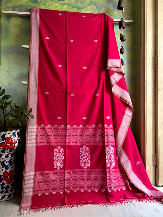 Handwoven Pink Red Dual Toned Cotton Jamdani Saree