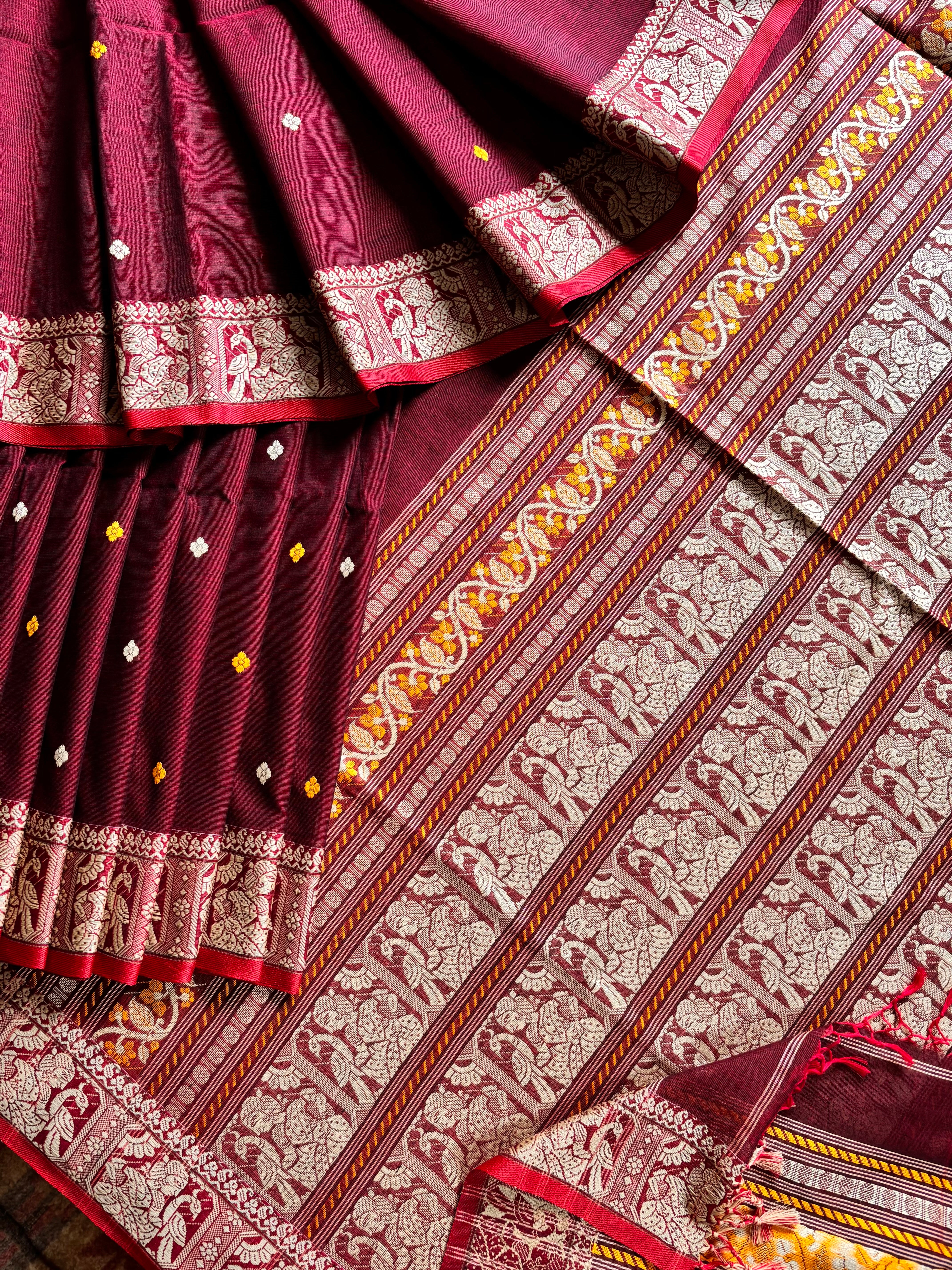 Handwoven Maroon Baluchari Cotton Saree