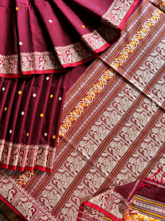 Handwoven Maroon Baluchari Cotton Saree