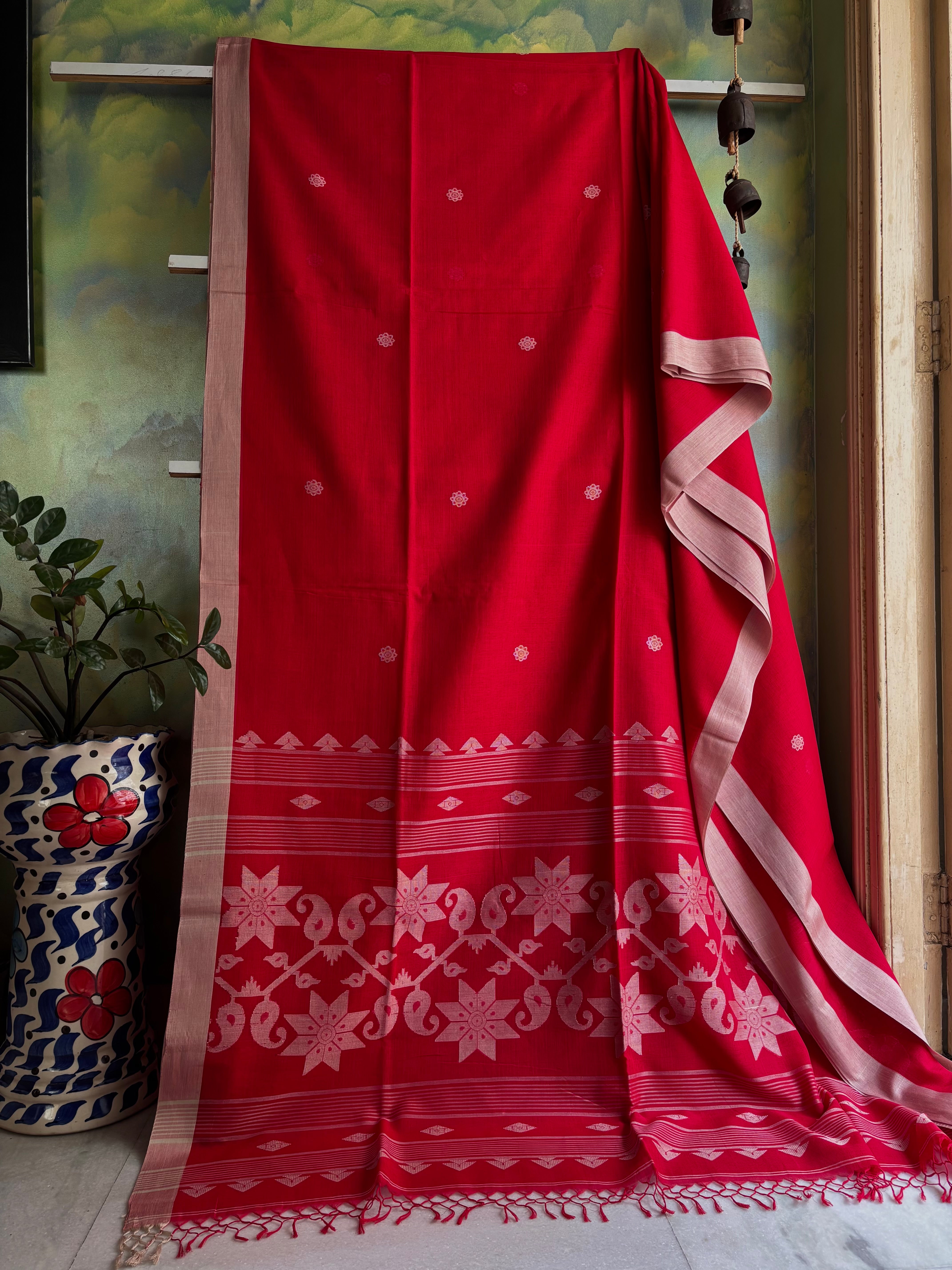 Handwoven Red Beige Colour Cotton Jamdani Saree