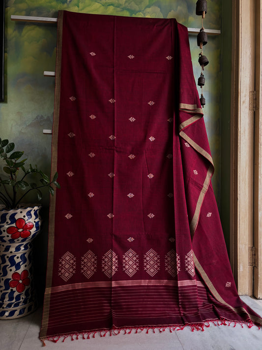 Handwoven Maroon Beige Cotton Jamdani Saree