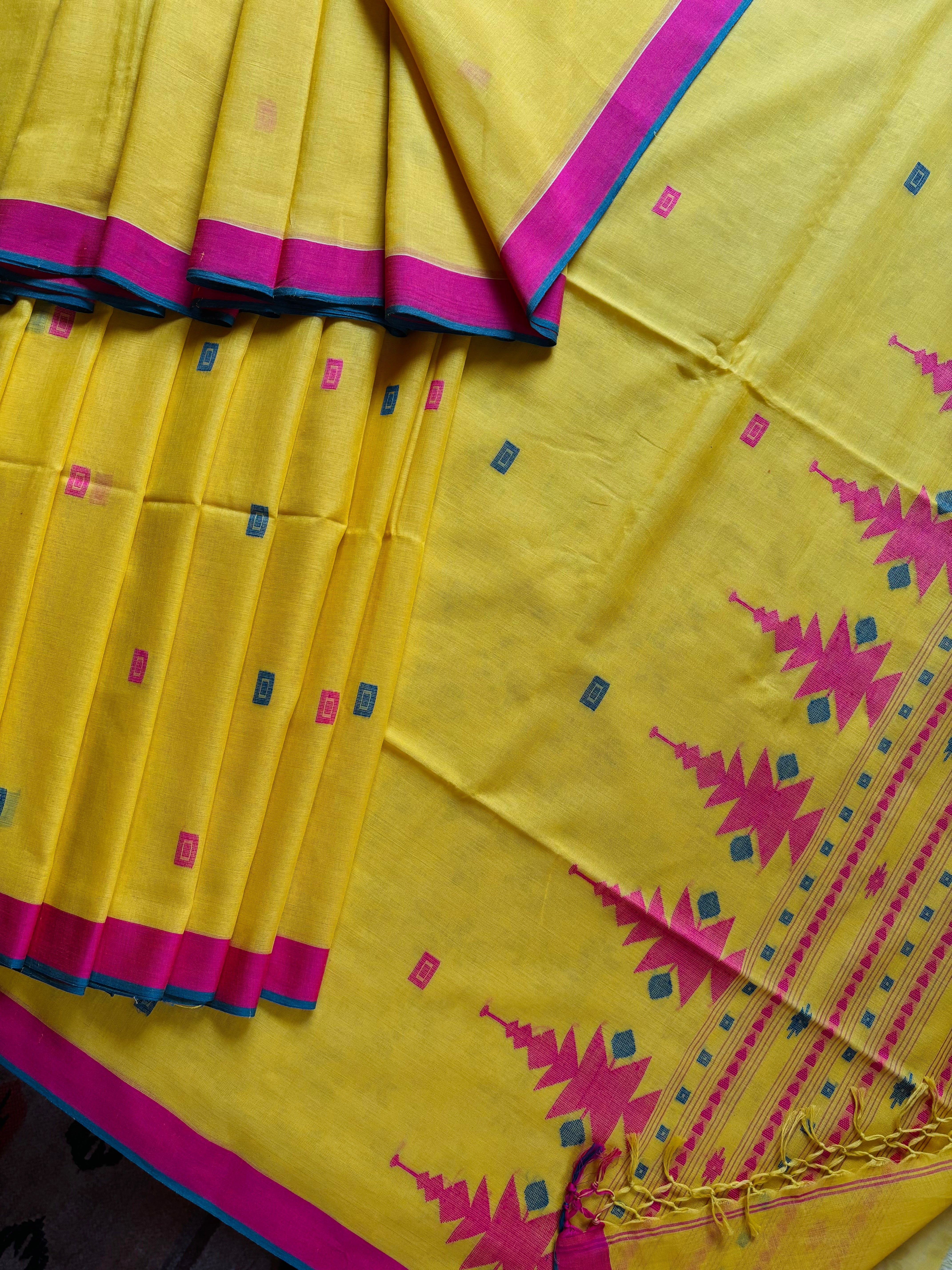 Handwoven Bright Yellow Colour Cotton Jamdani Saree