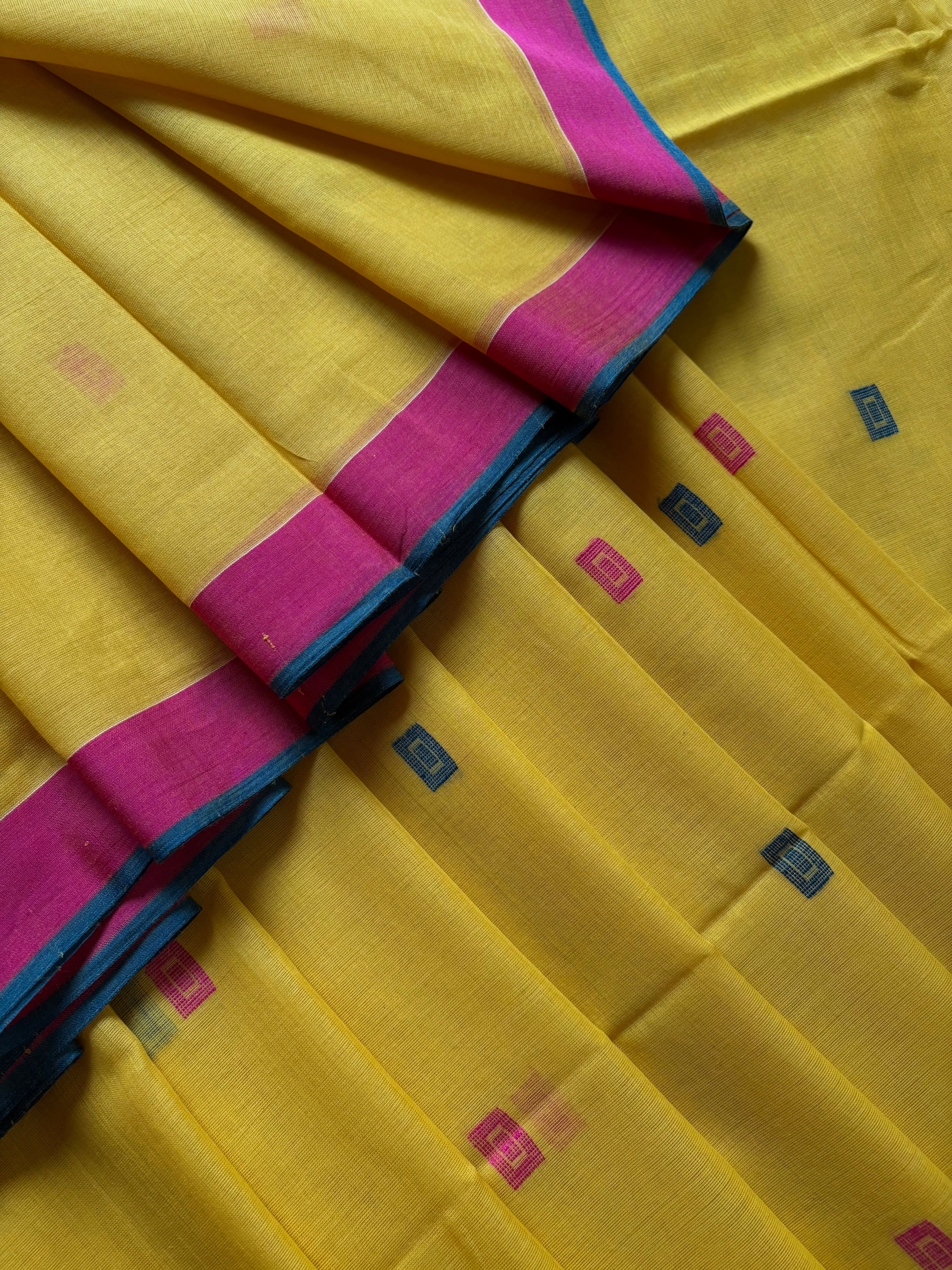Handwoven Bright Yellow Colour Cotton Jamdani Saree