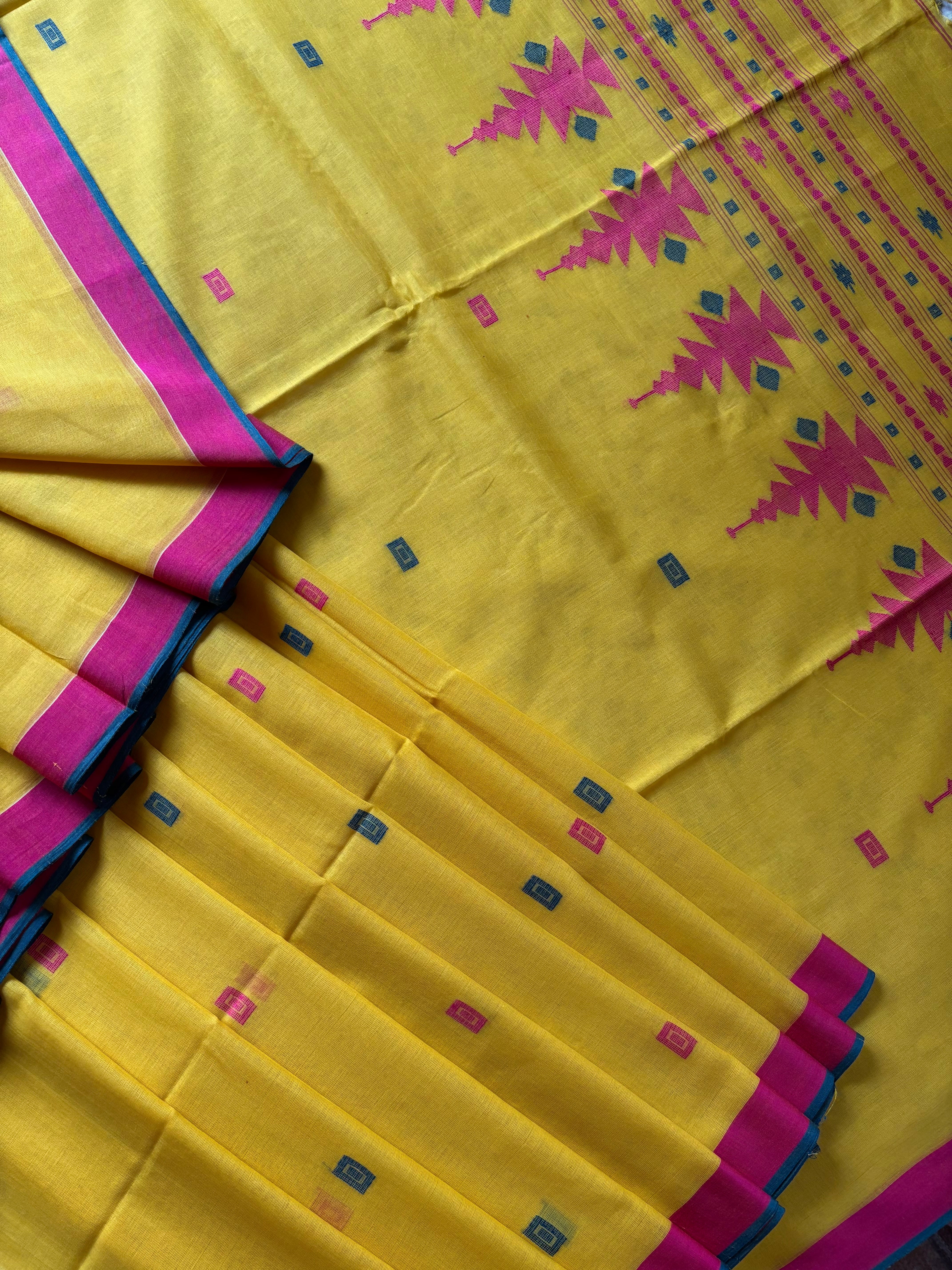 Handwoven Bright Yellow Colour Cotton Jamdani Saree