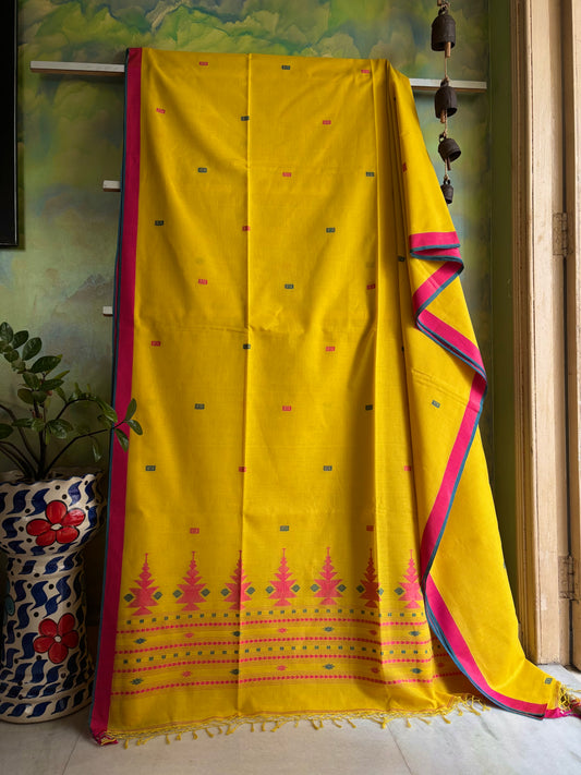 Handwoven Bright Yellow Colour Cotton Jamdani Saree