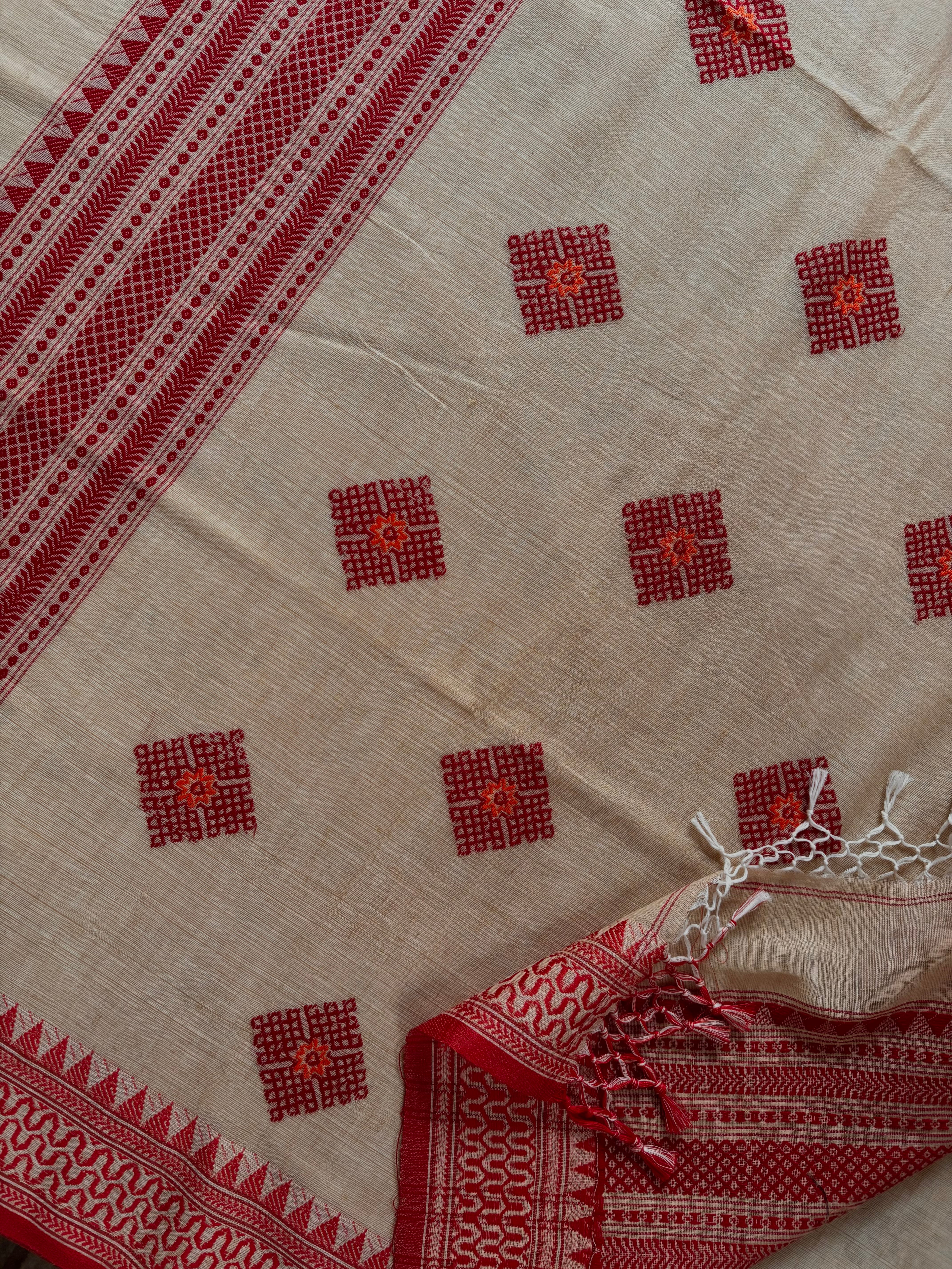 Handwoven Beige Red Phulia Cotton Saree