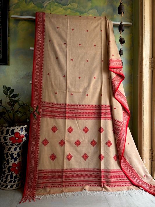 Handwoven Beige Red Phulia Cotton Saree