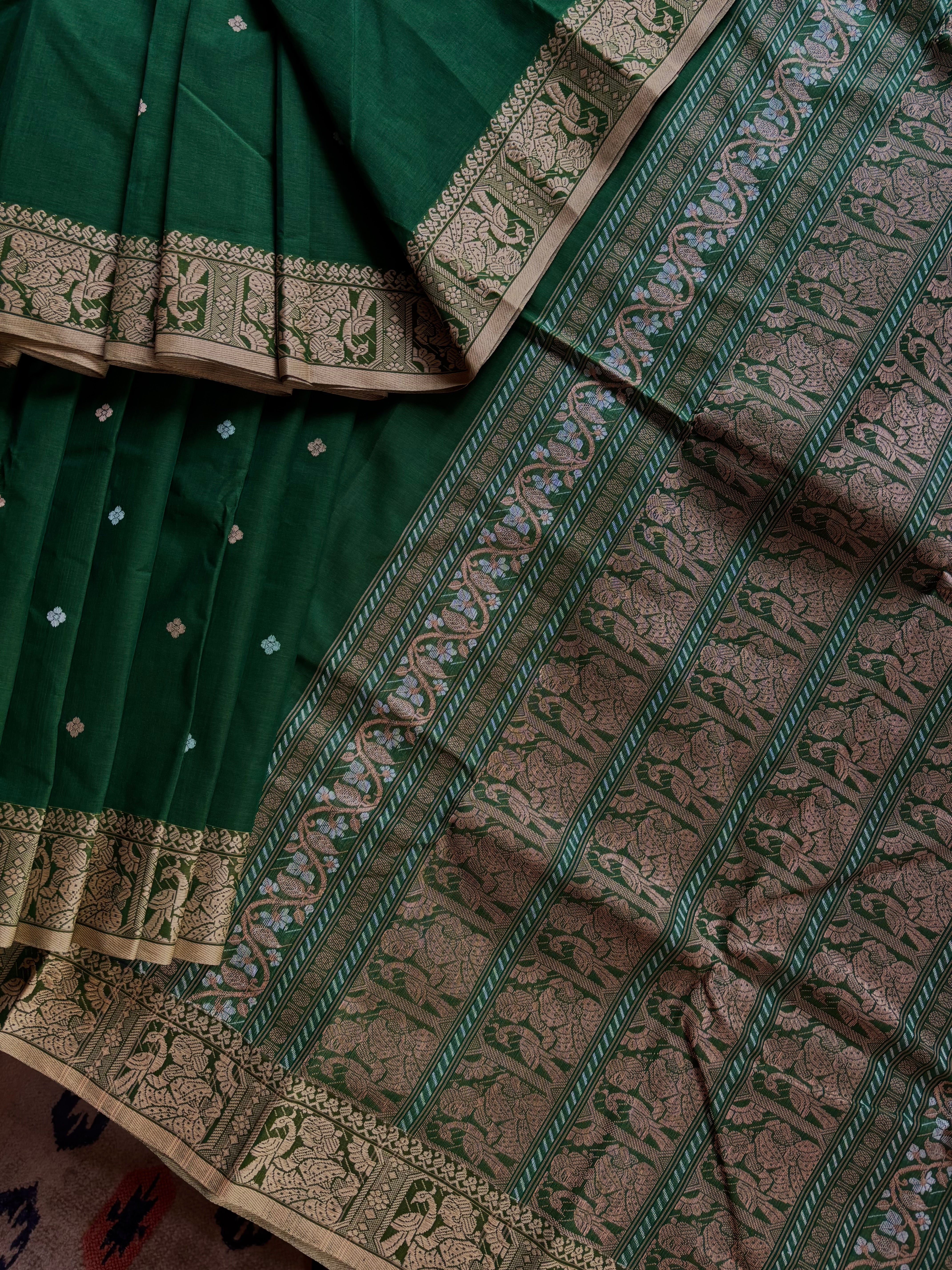 Handwoven Emerald Green Colour Cotton Baluchari Saree