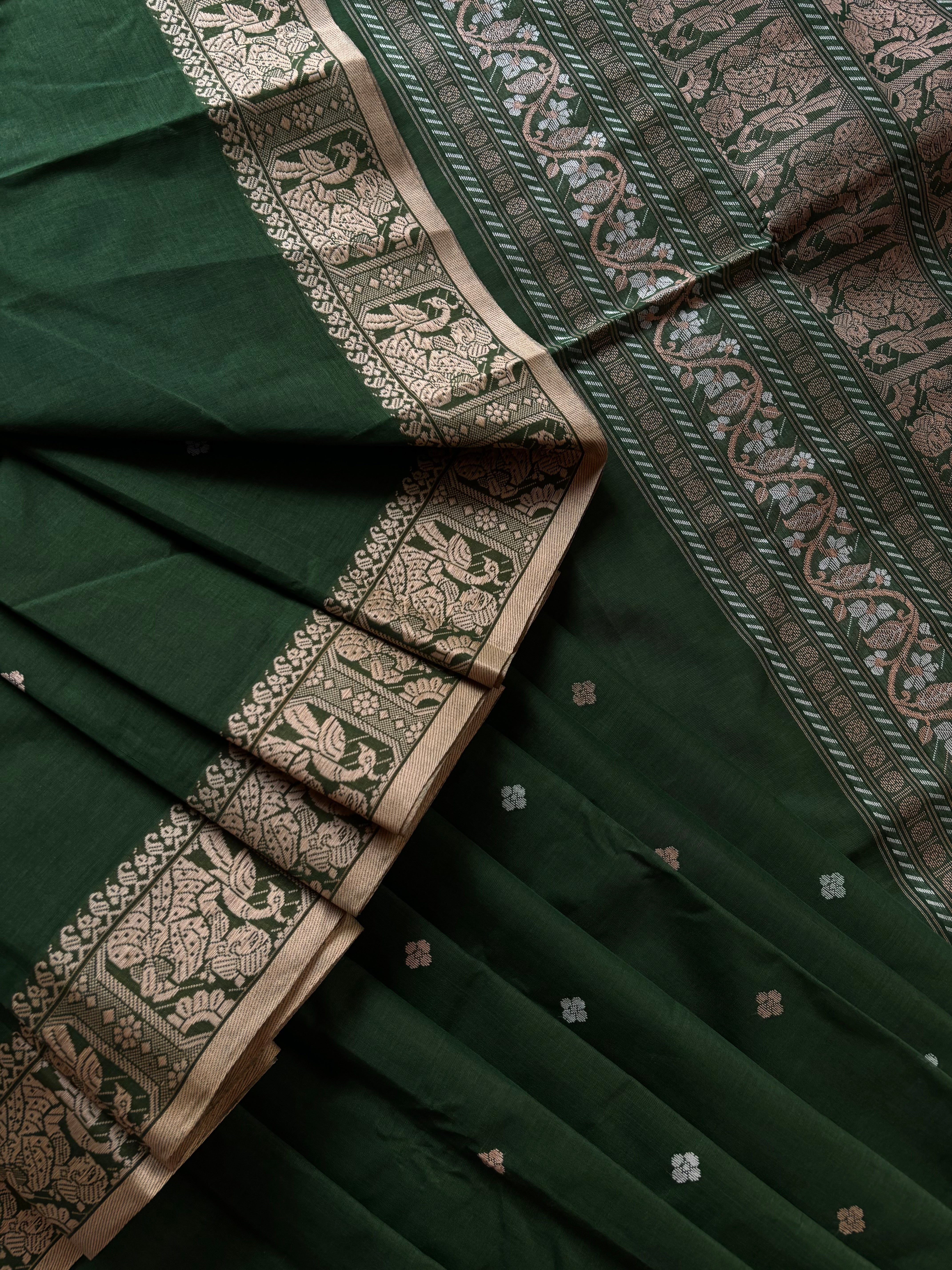 Handwoven Emerald Green Colour Cotton Baluchari Saree
