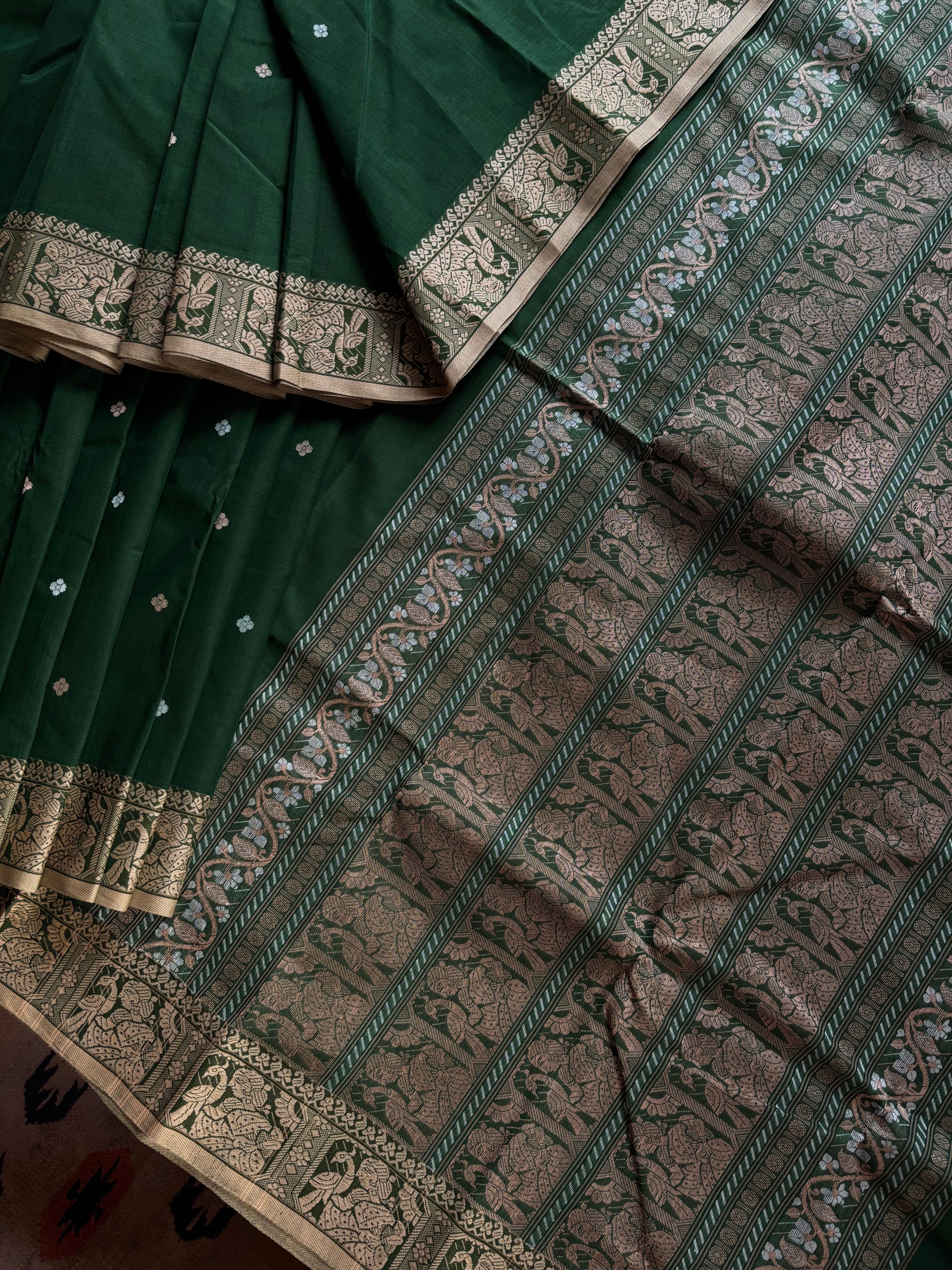 Handwoven Emerald Green Colour Cotton Baluchari Saree