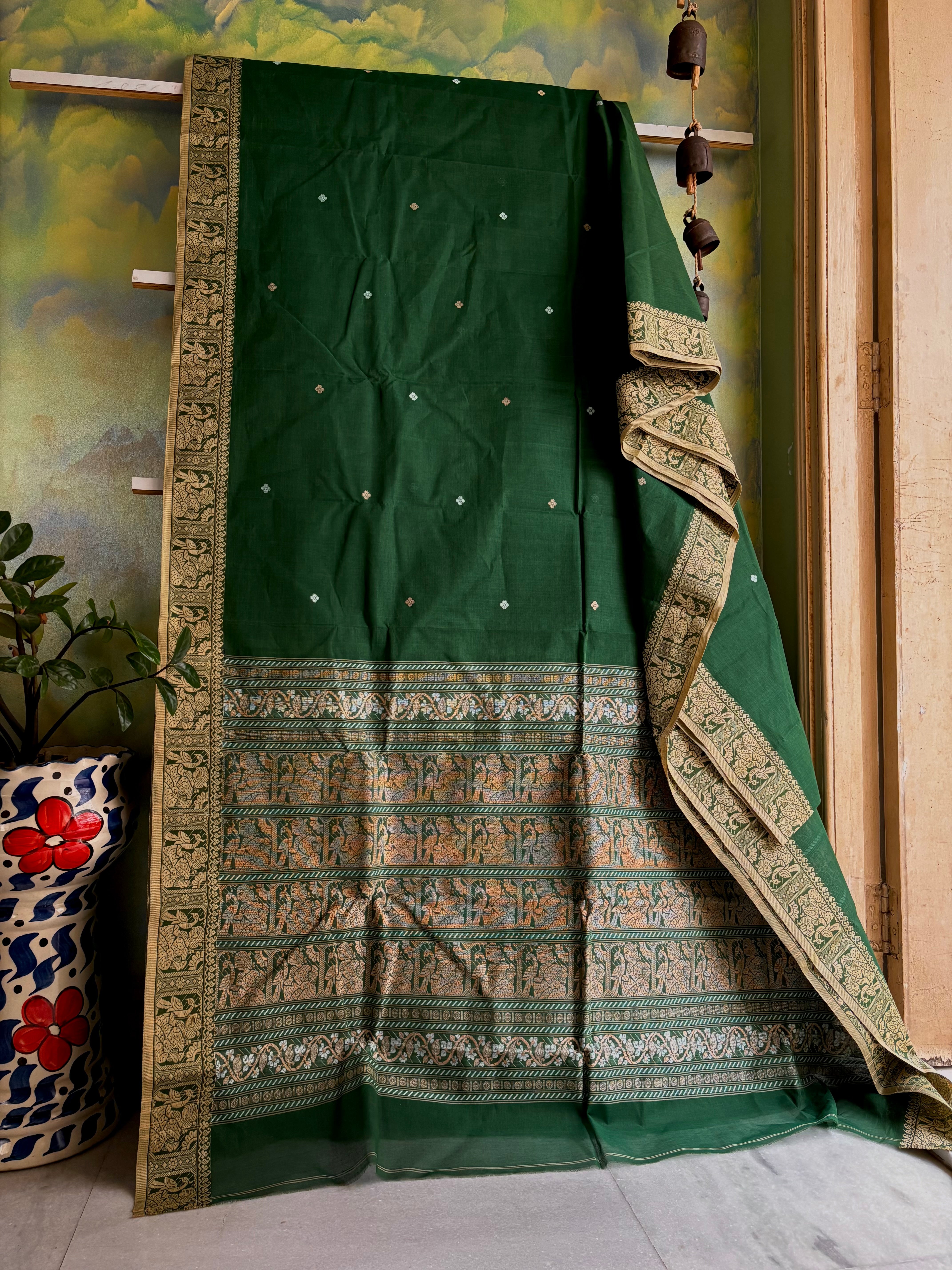 Handwoven Emerald Green Colour Cotton Baluchari Saree
