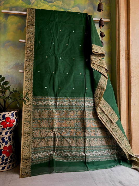 Handwoven Emerald Green Colour Cotton Baluchari Saree