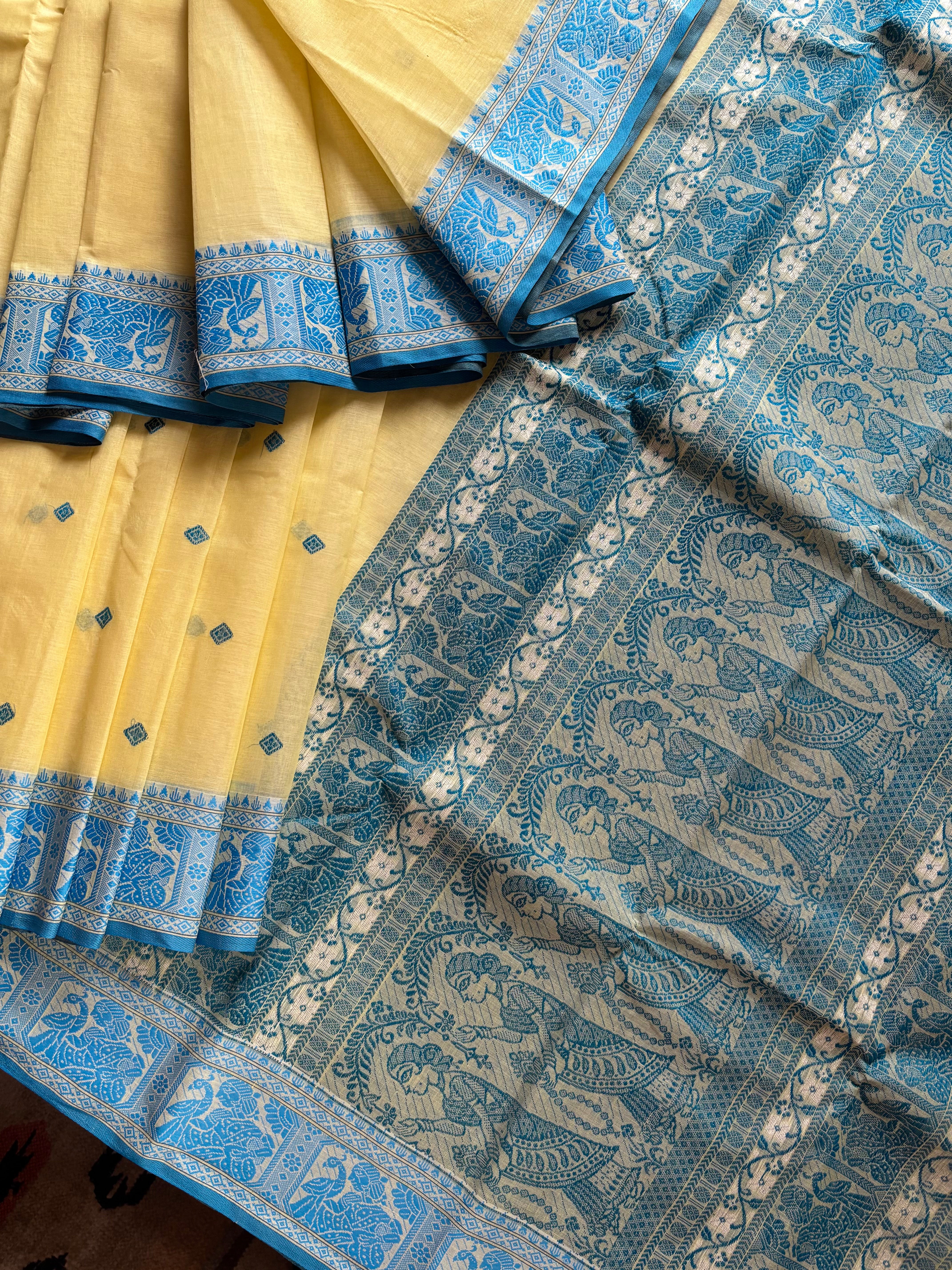 Handwoven Light Yellow Colour Cotton Baluchari Saree