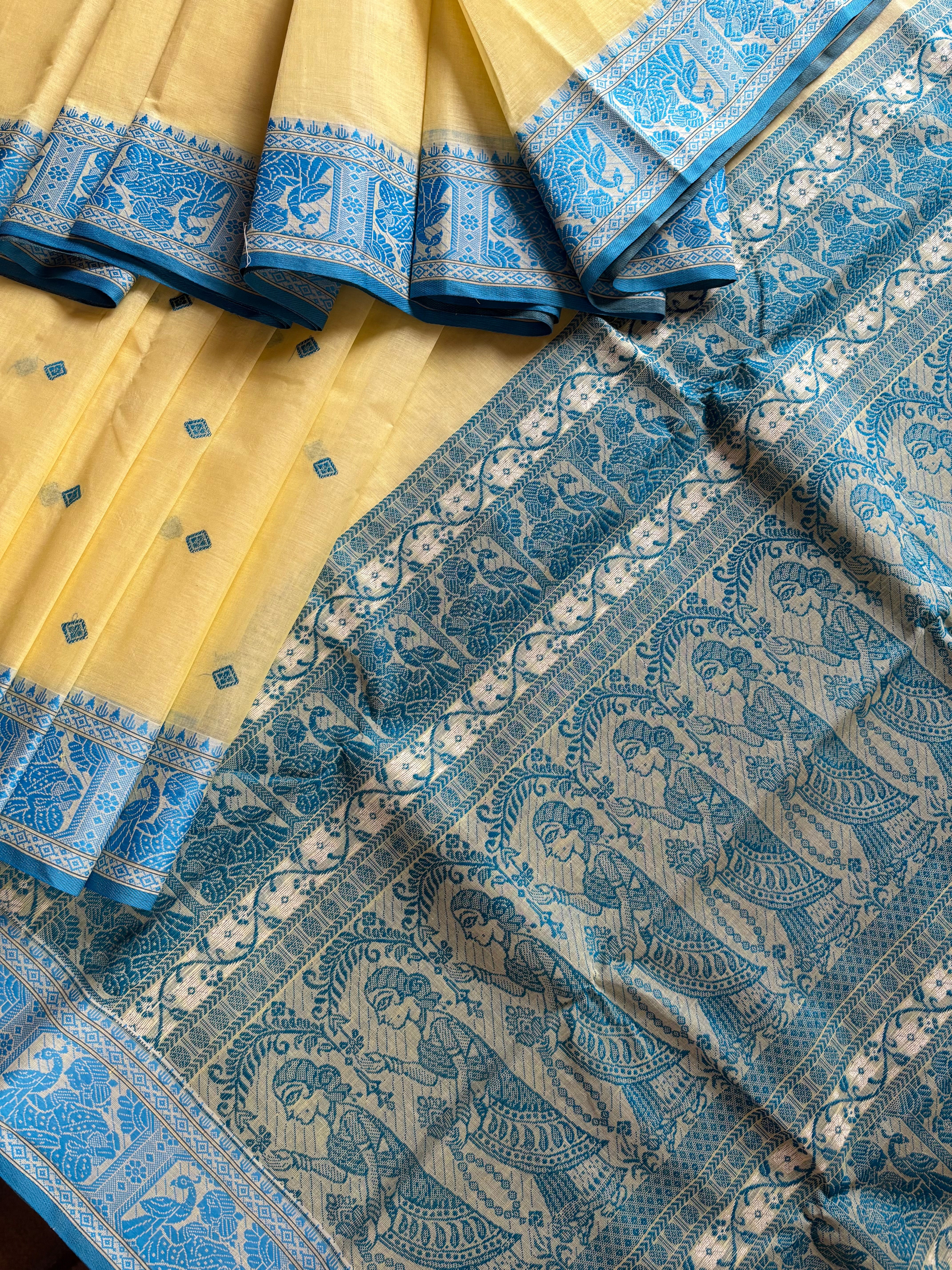 Handwoven Light Yellow Colour Cotton Baluchari Saree