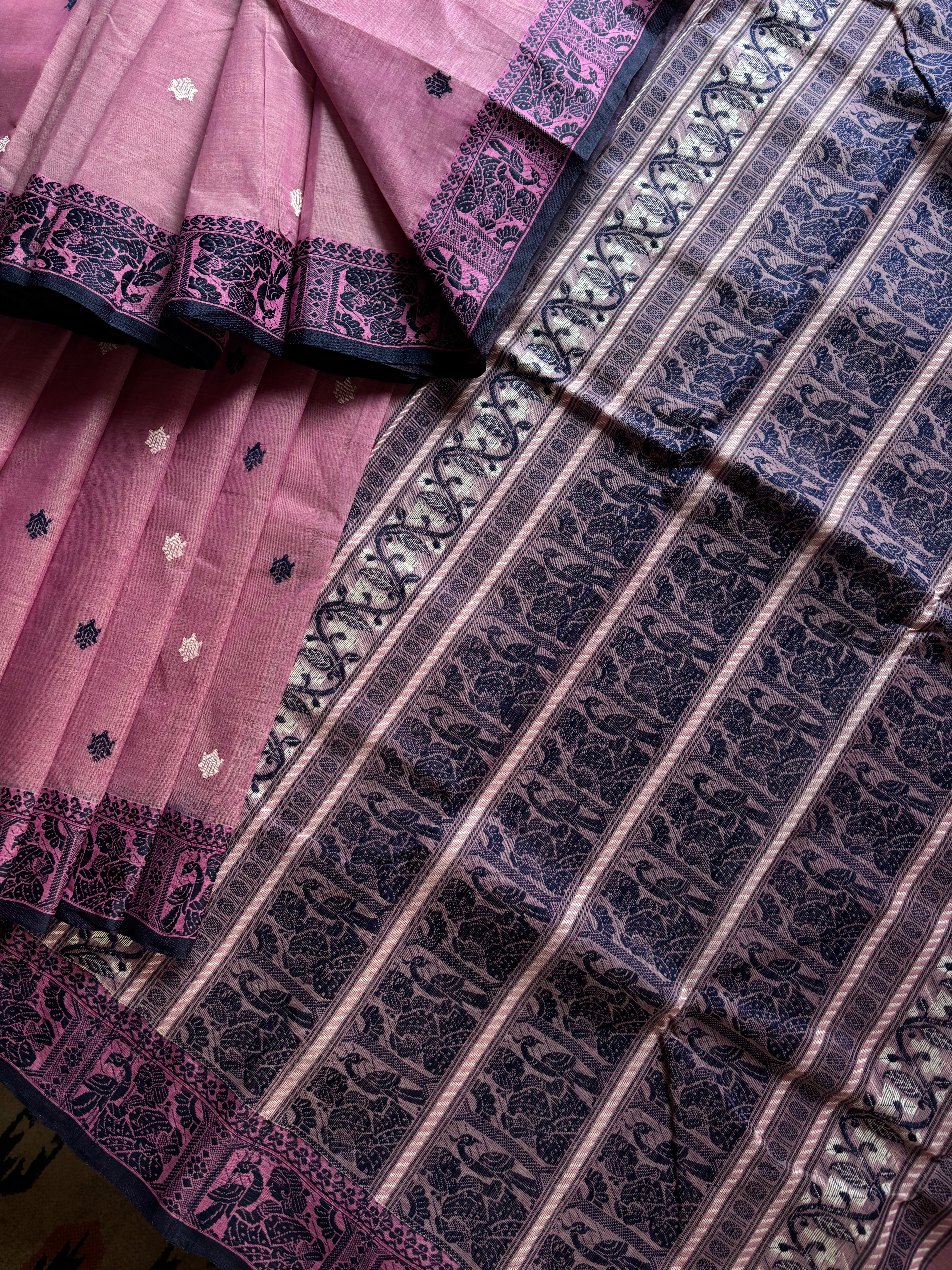 Handwoven Onion Pink Colour Cotton Baluchari Saree