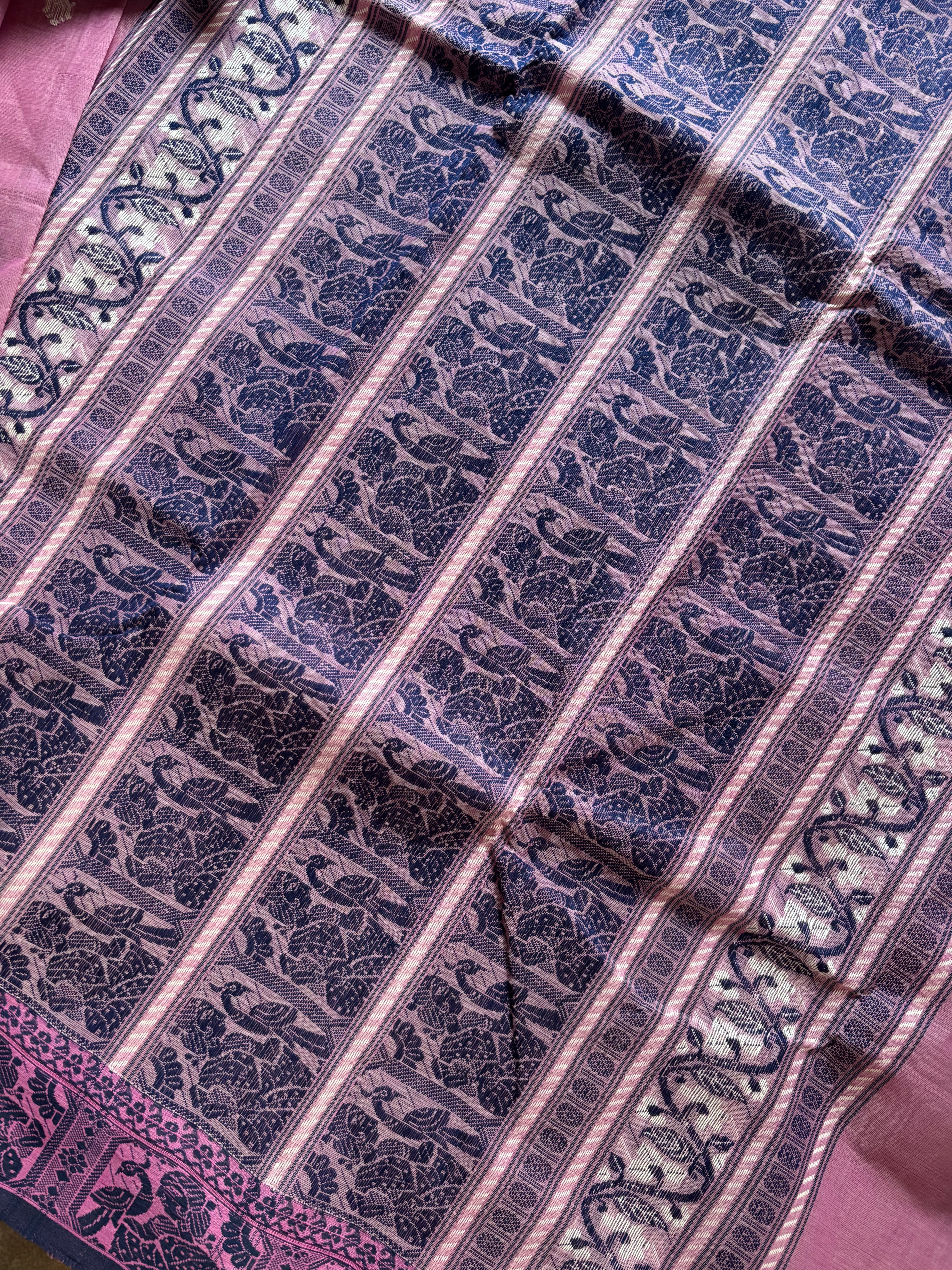 Handwoven Onion Pink Colour Cotton Baluchari Saree