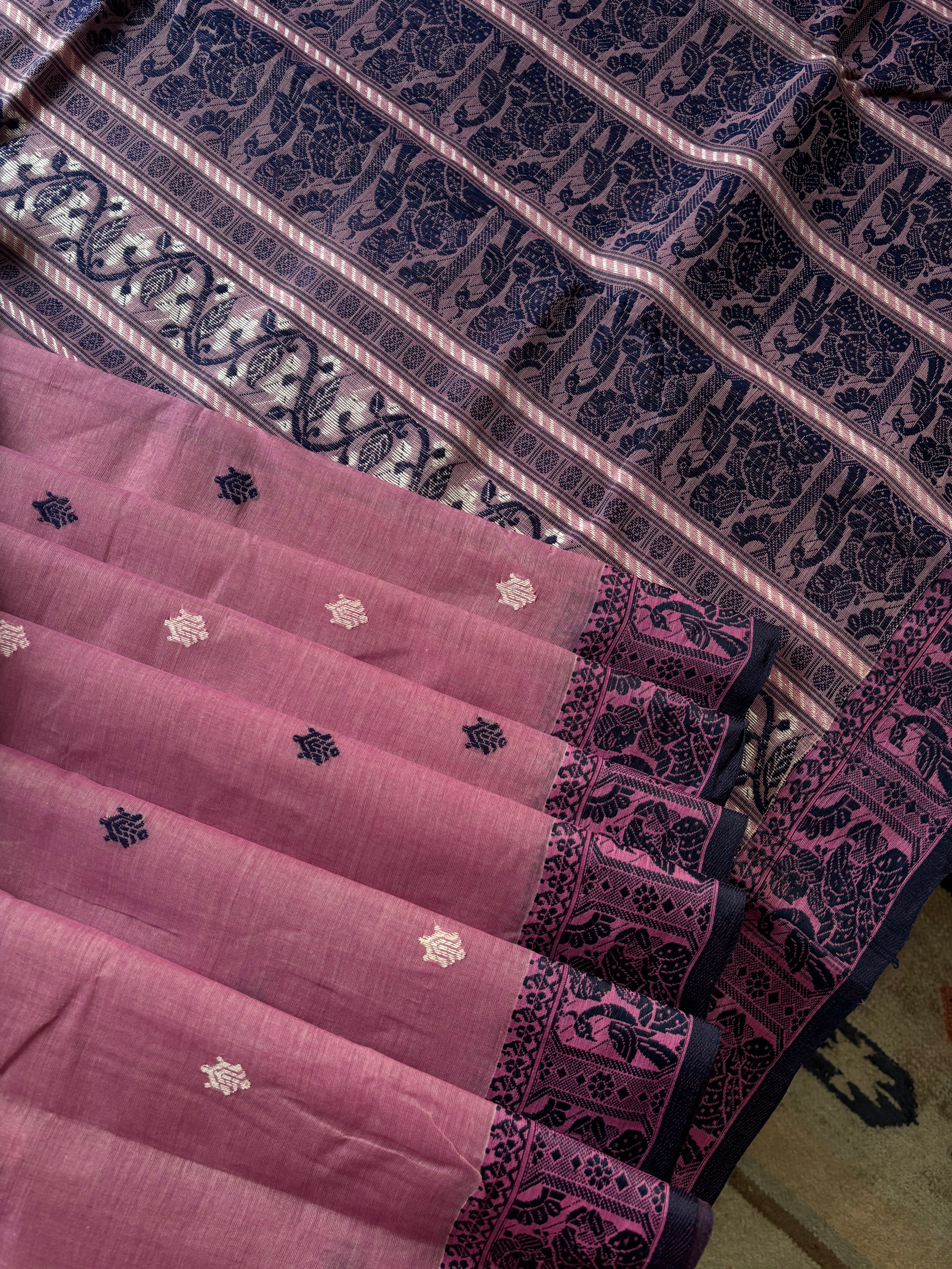 Handwoven Onion Pink Colour Cotton Baluchari Saree