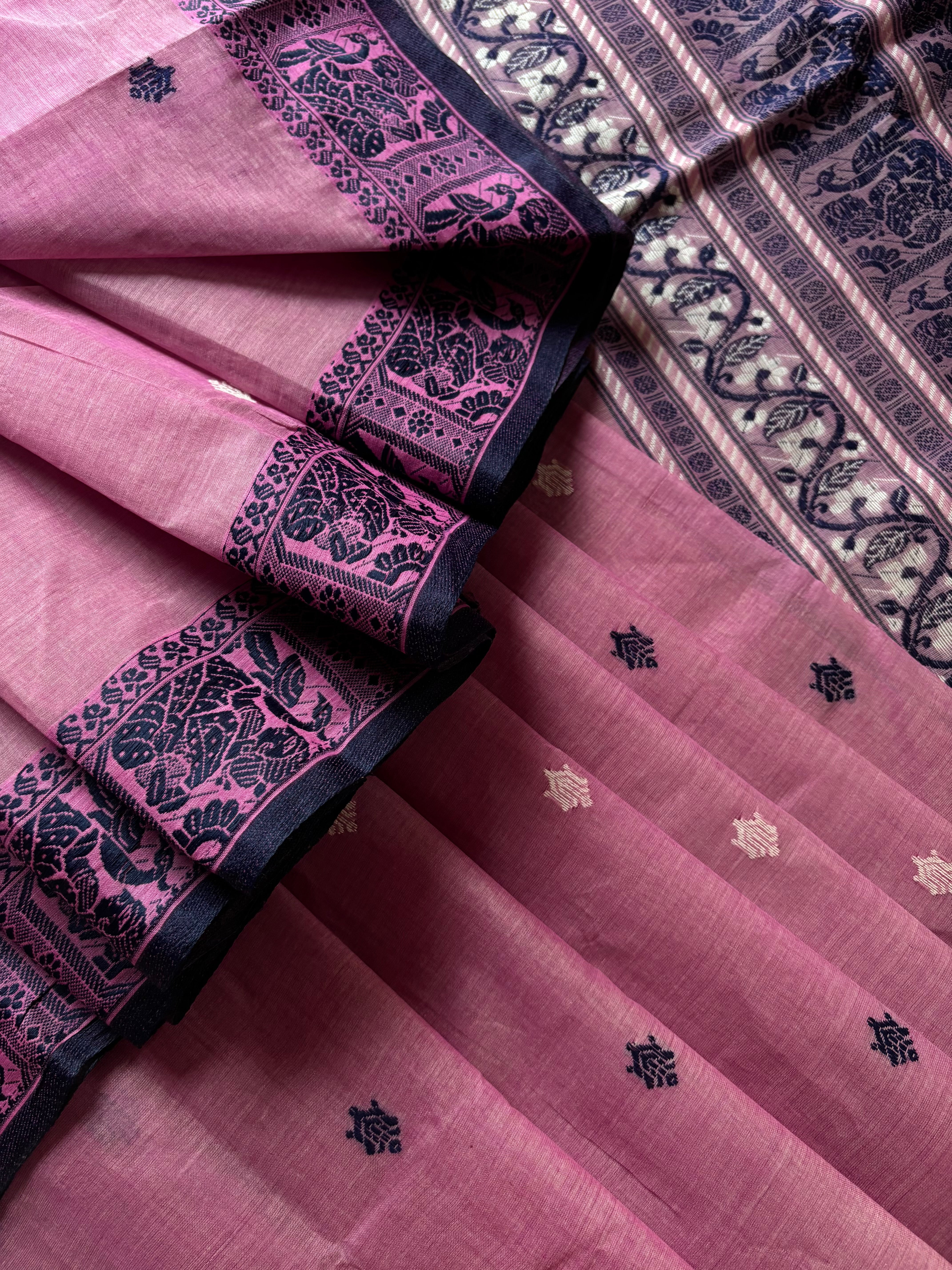 Handwoven Onion Pink Colour Cotton Baluchari Saree