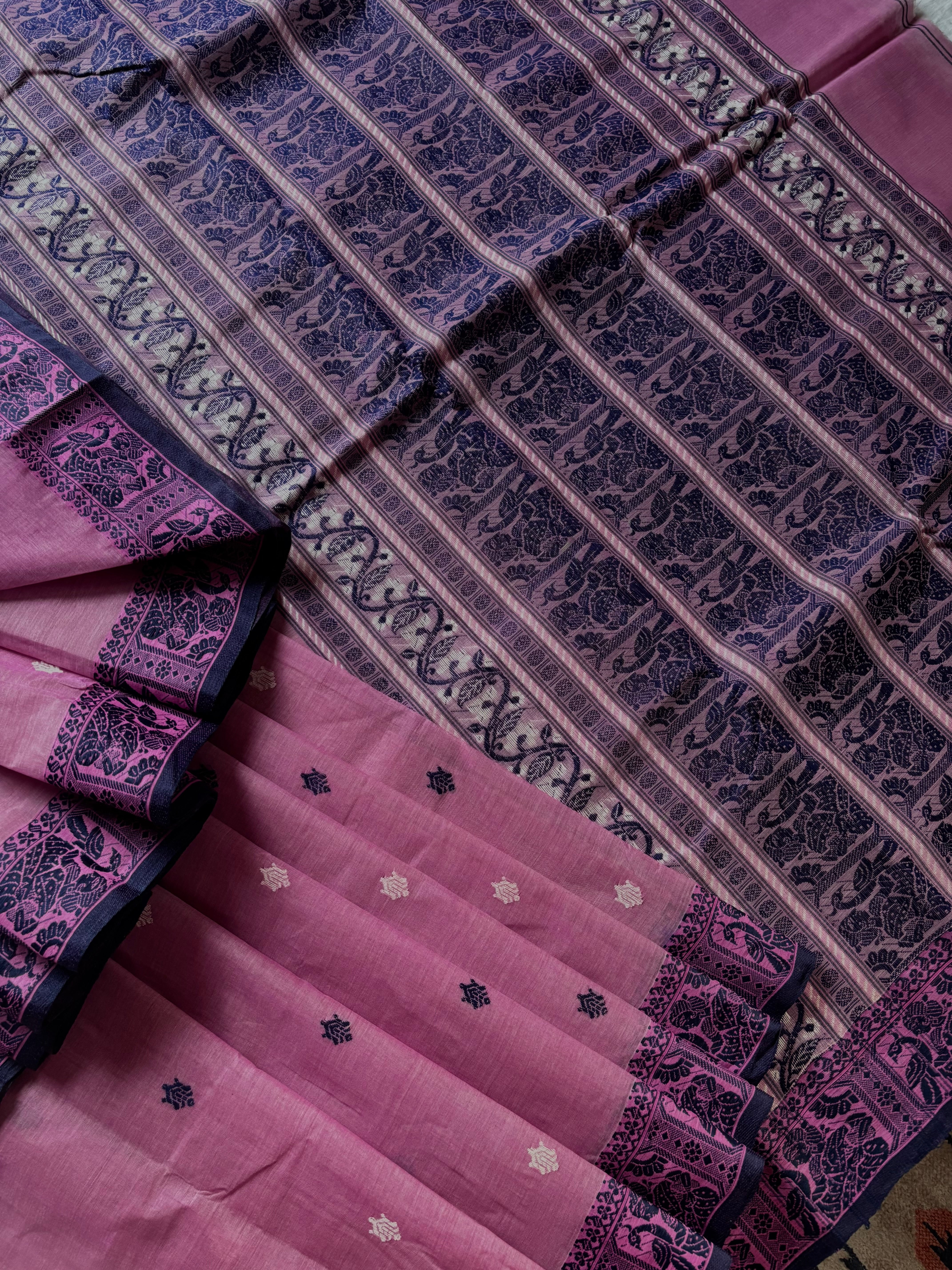Handwoven Onion Pink Colour Cotton Baluchari Saree
