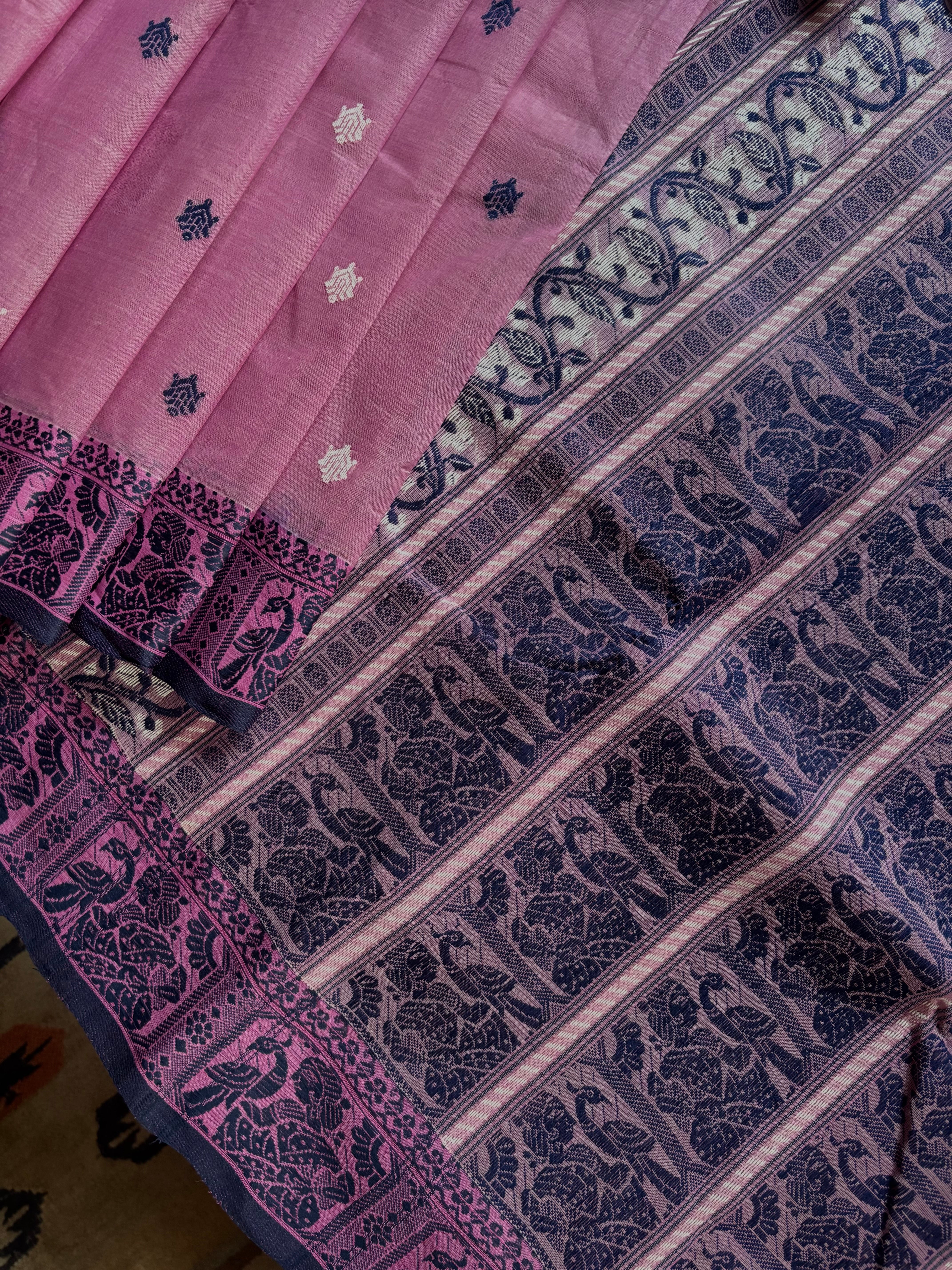 Handwoven Onion Pink Colour Cotton Baluchari Saree