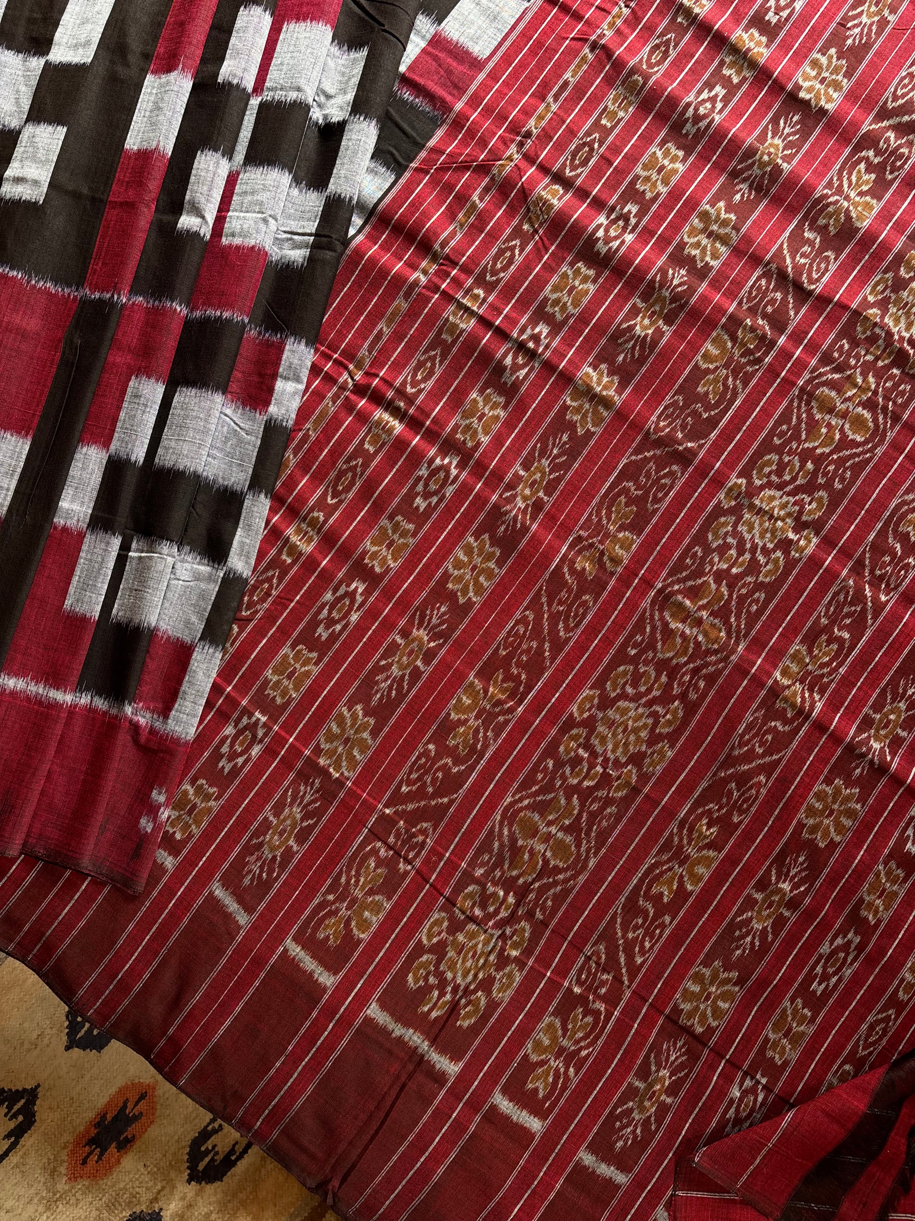 Handwoven Black Maroon Odisha Cotton Ikkat Saree