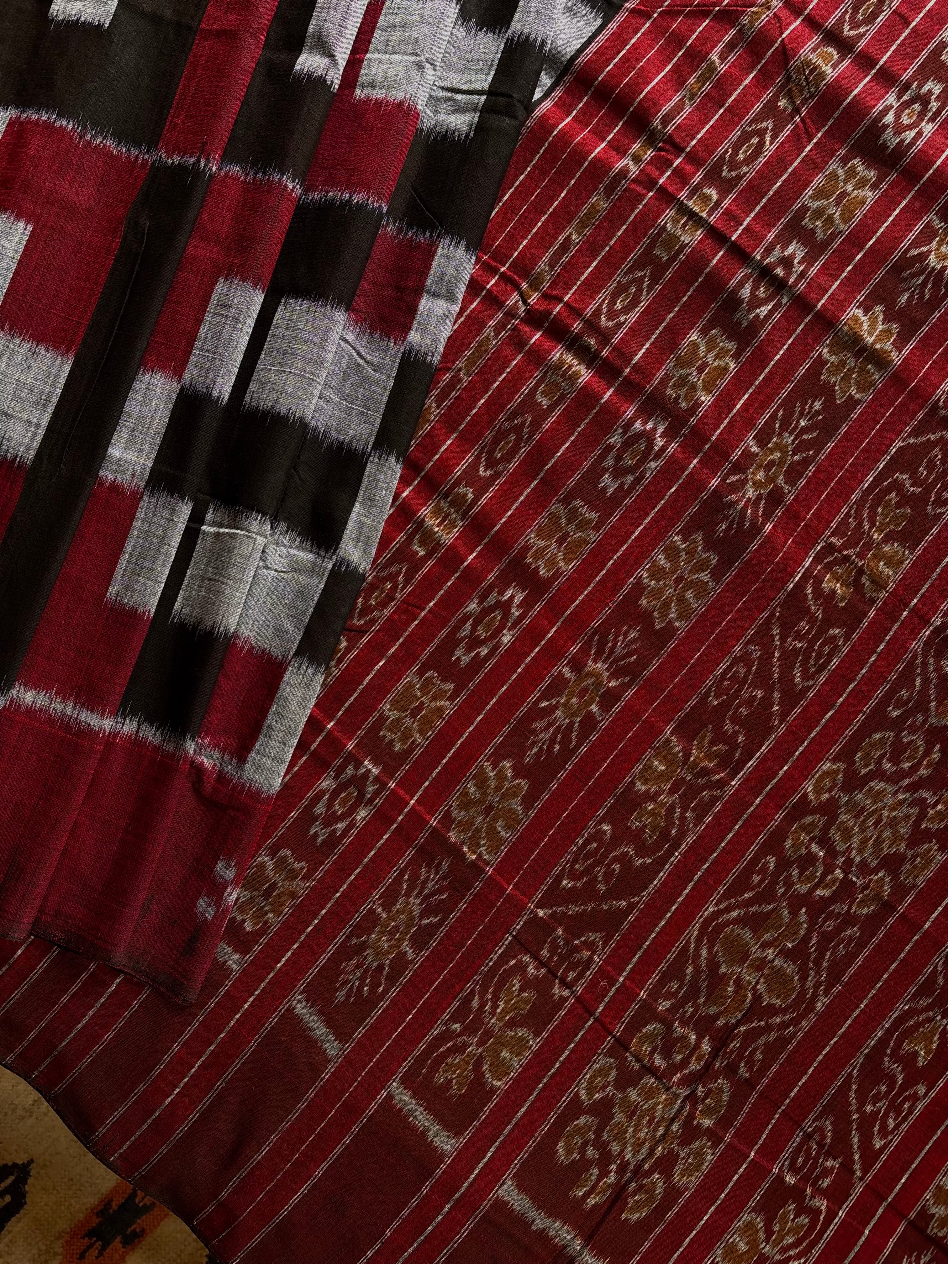 Handwoven Black Maroon Odisha Cotton Ikkat Saree