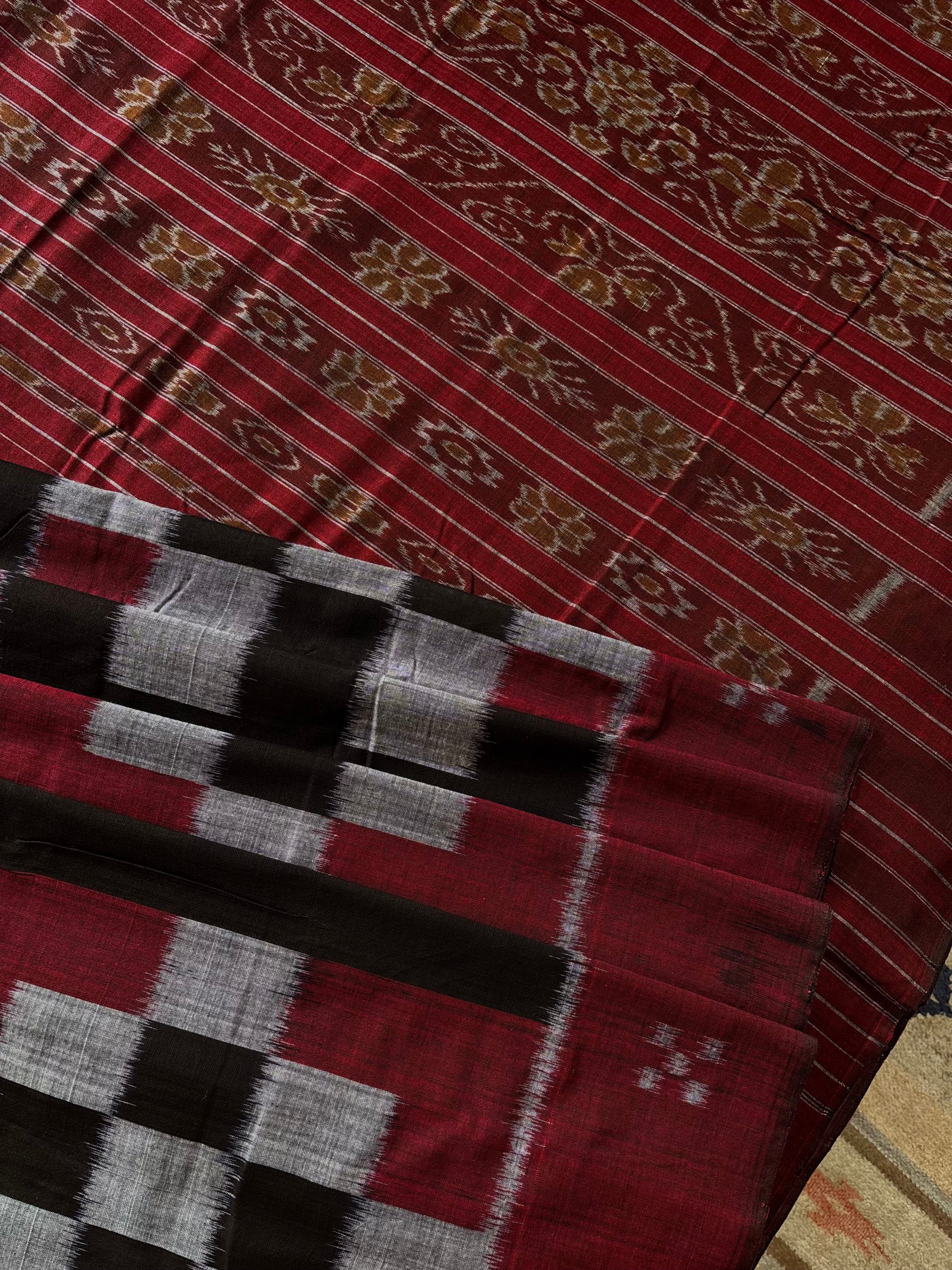Handwoven Black Maroon Odisha Cotton Ikkat Saree